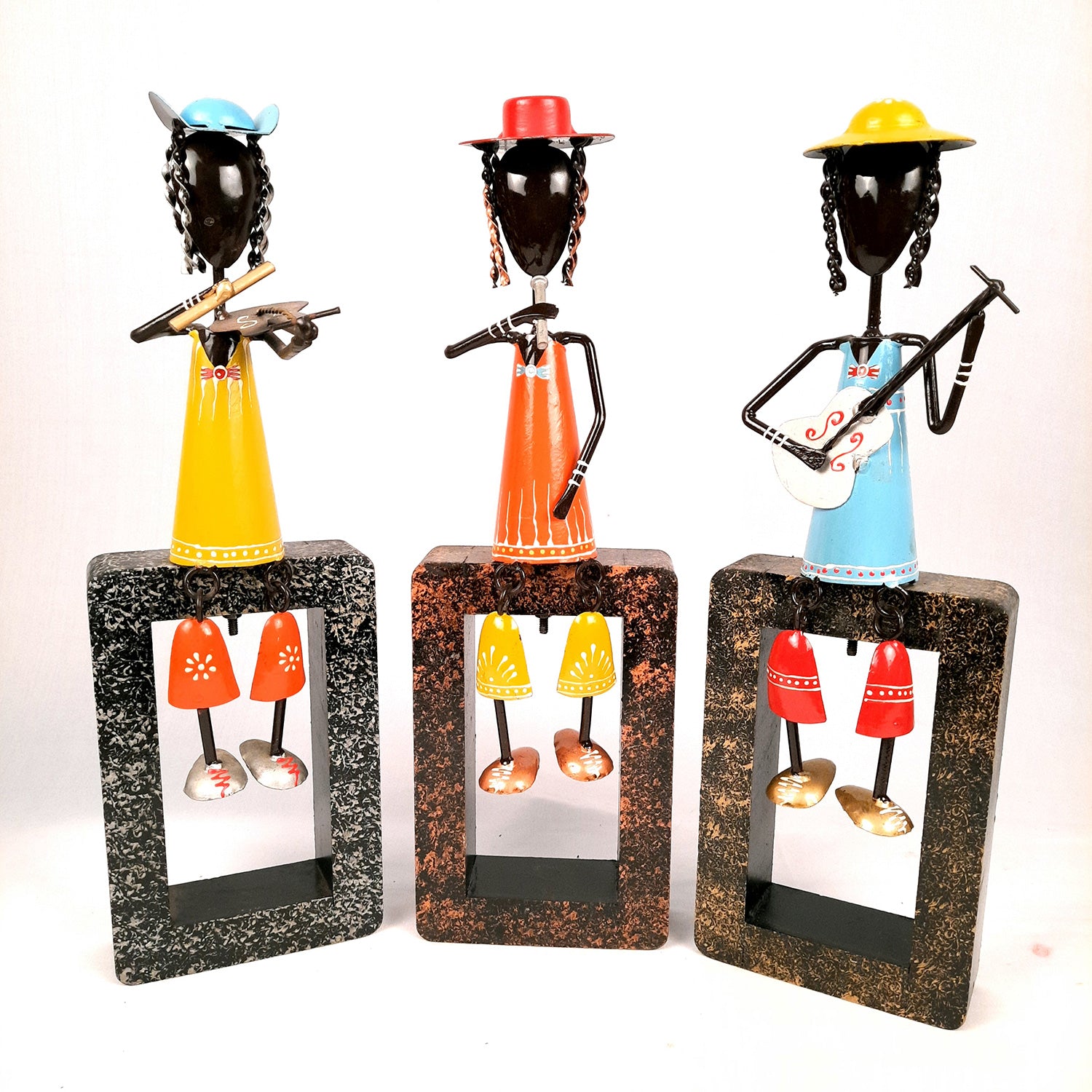 Musician Showpiece Cum Wall Hanging | Figurines Playing Musical Instruments With Hanging Legs | Decorative Showpieces - For Home, Table, Living Room, TV Unit, Balcony, Wall Decor & Gifts - 16 Inch (Set of 3) - Apkamart