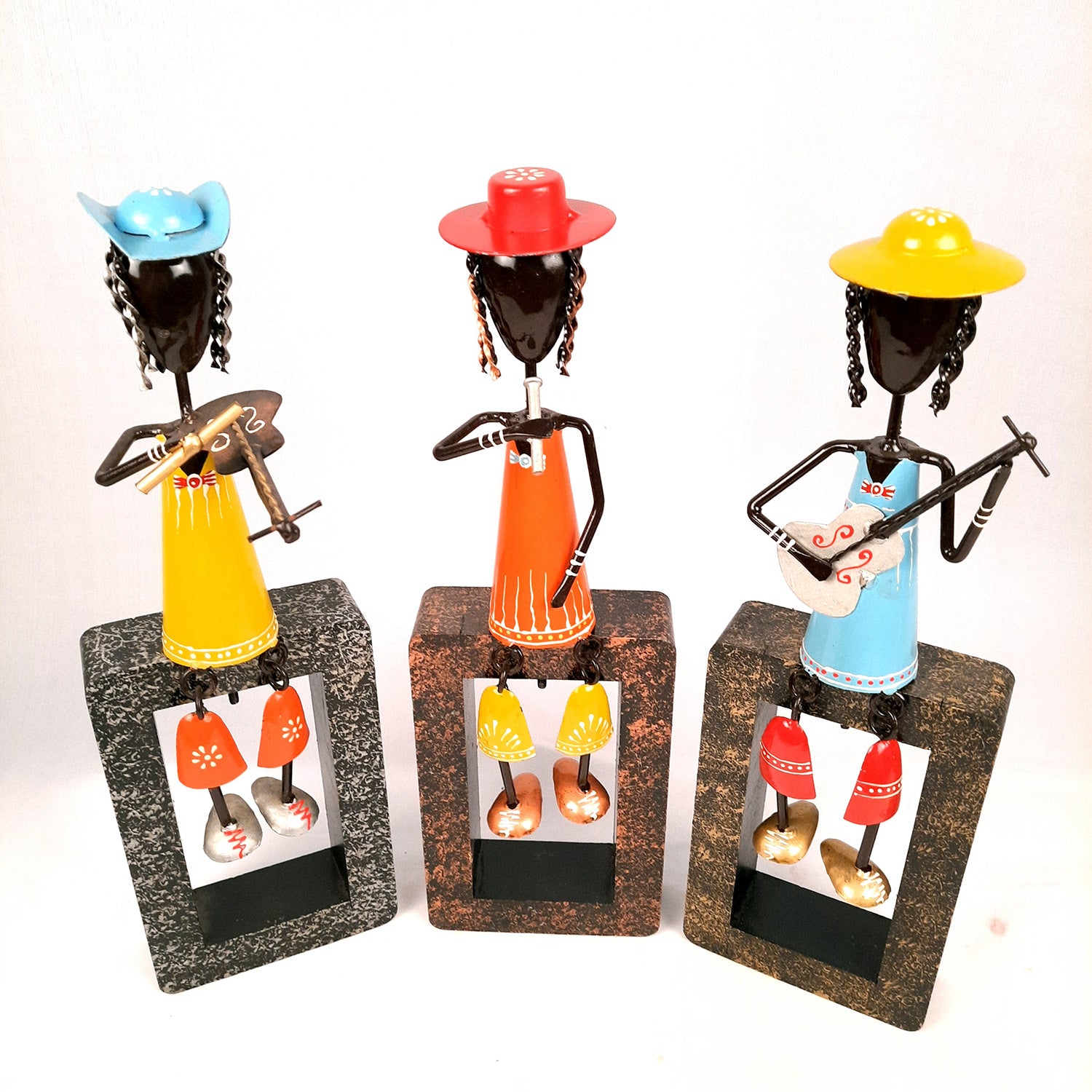 Musician Showpiece Cum Wall Hanging | Figurines Playing Musical Instruments With Hanging Legs | Decorative Showpieces - For Home, Table, Living Room, TV Unit, Balcony, Wall Decor & Gifts - 16 Inch (Set of 3) - Apkamart