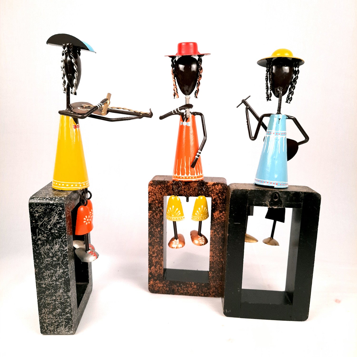 Musician Showpiece Cum Wall Hanging | Figurines Playing Musical Instruments With Hanging Legs | Decorative Showpieces - For Home, Table, Living Room, TV Unit, Balcony, Wall Decor & Gifts - 16 Inch (Set of 3) - Apkamart