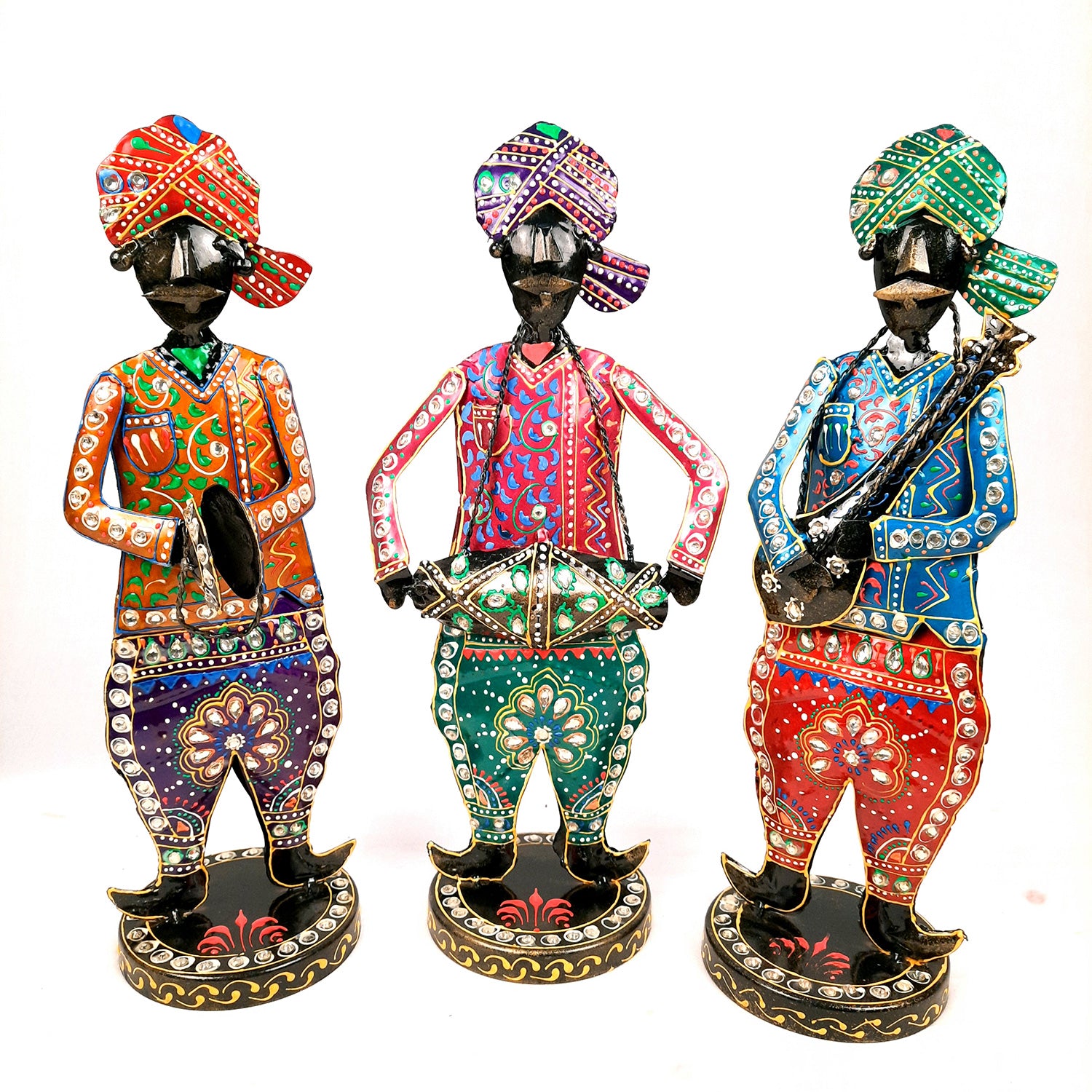 Showpiece Musician Set | Decorative Figurines Playing Musical Instrument With Kundan Work - For Home, Table, Living Room & TV Unit | Show Piece For Office Desk & Gifts - 14 Inch (Set of 3) - Apkamart