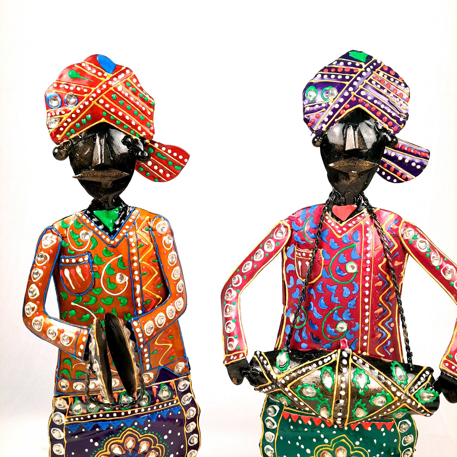 Showpiece Musician Set | Decorative Figurines Playing Musical Instrument With Kundan Work - For Home, Table, Living Room & TV Unit | Show Piece For Office Desk & Gifts - 14 Inch (Set of 3) - Apkamart