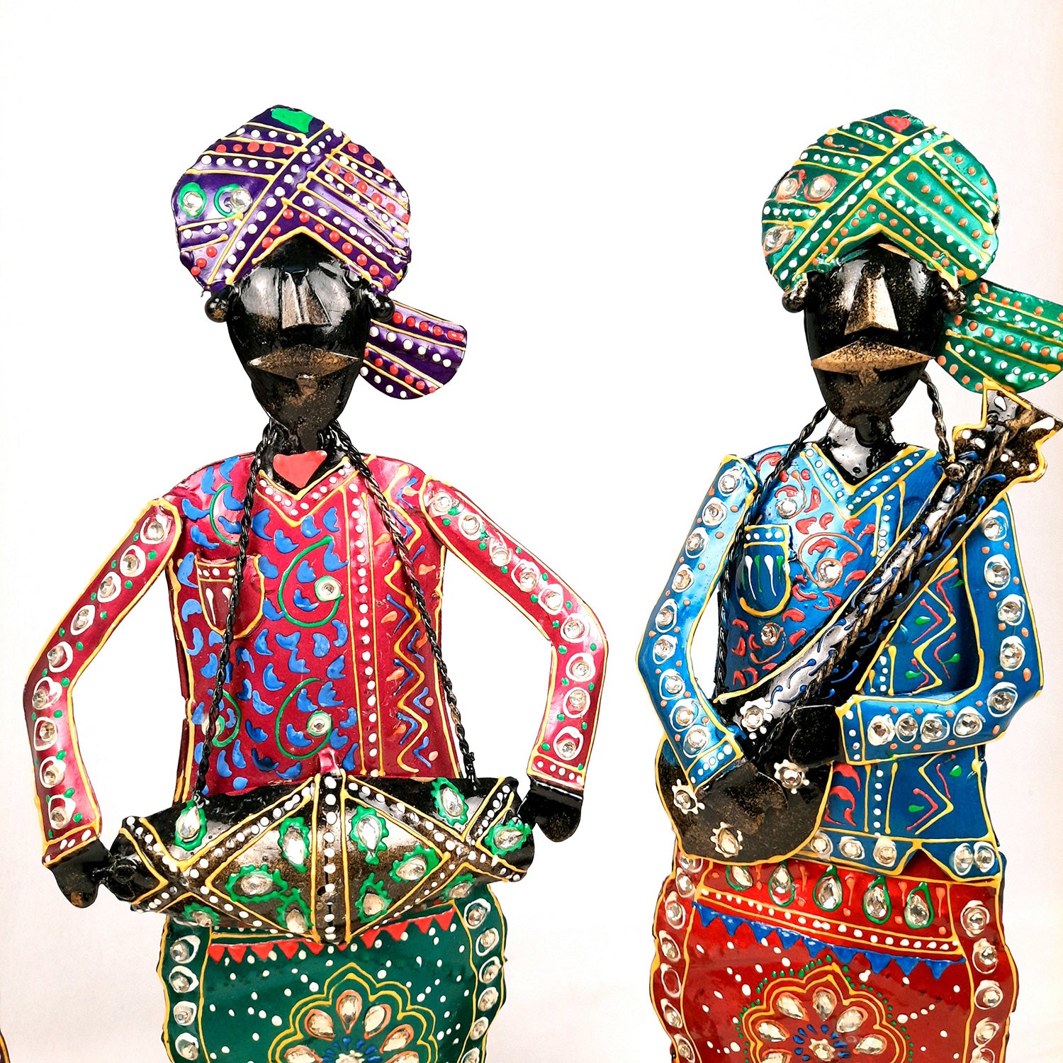 Showpiece Musician Set | Decorative Figurines Playing Musical Instrument With Kundan Work - For Home, Table, Living Room & TV Unit | Show Piece For Office Desk & Gifts - 14 Inch (Set of 3) - Apkamart
