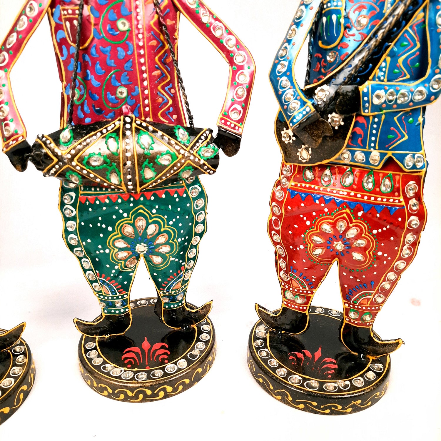 Showpiece Musician Set | Decorative Figurines Playing Musical Instrument With Kundan Work - For Home, Table, Living Room & TV Unit | Show Piece For Office Desk & Gifts - 14 Inch (Set of 3) - Apkamart