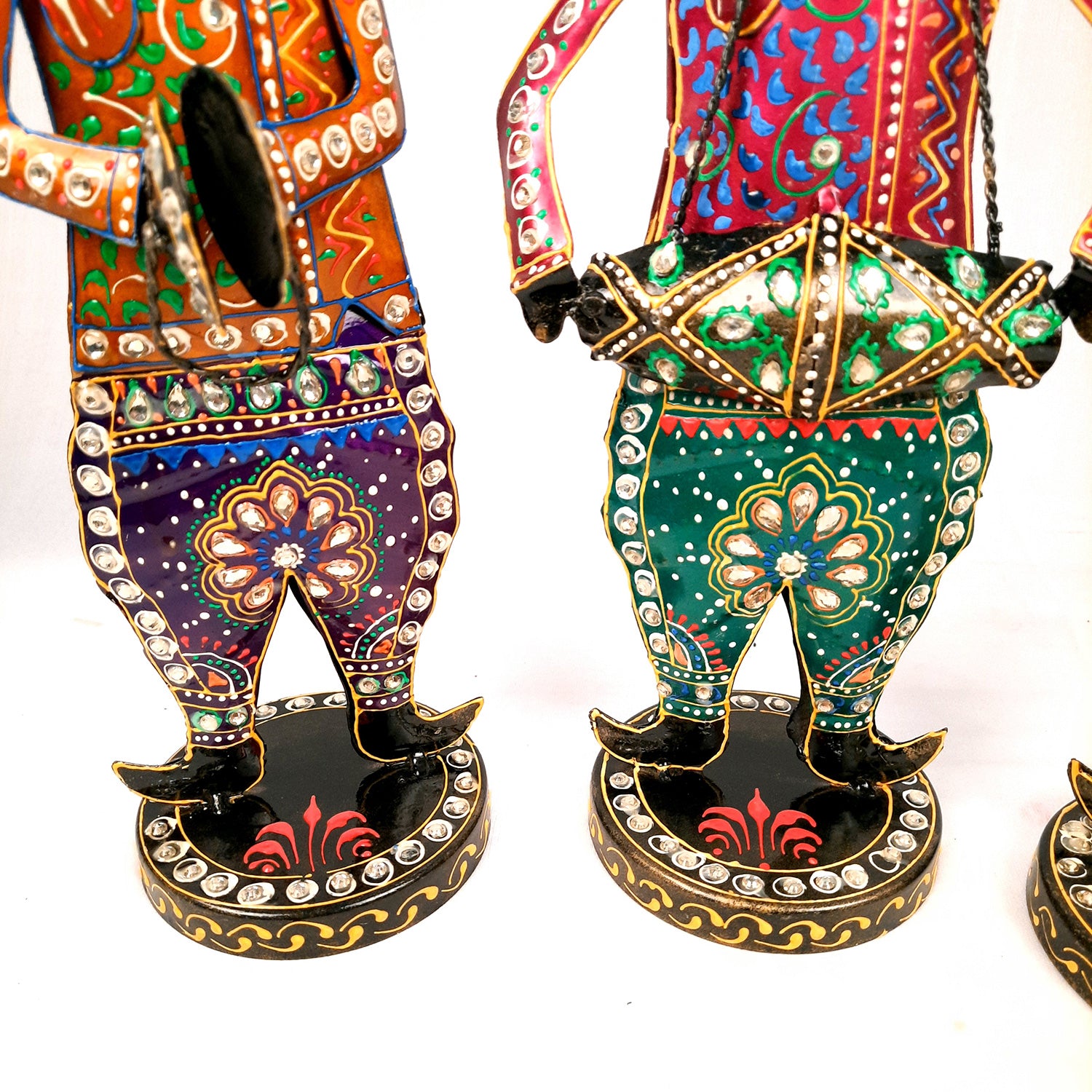 Showpiece Musician Set | Decorative Figurines Playing Musical Instrument With Kundan Work - For Home, Table, Living Room & TV Unit | Show Piece For Office Desk & Gifts - 14 Inch (Set of 3) - Apkamart