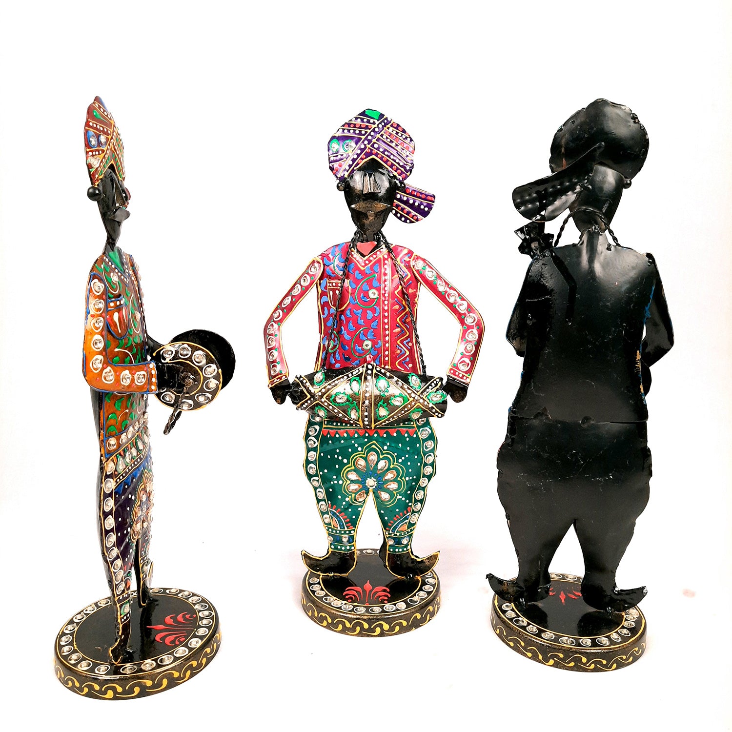 Showpiece Musician Set | Decorative Figurines Playing Musical Instrument With Kundan Work - For Home, Table, Living Room & TV Unit | Show Piece For Office Desk & Gifts - 14 Inch (Set of 3) - Apkamart