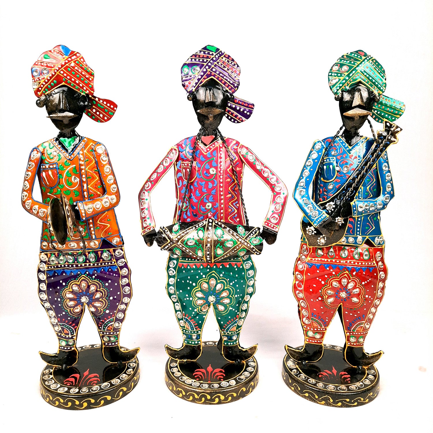 Showpiece Musician Set | Decorative Figurines Playing Musical Instrument With Kundan Work - For Home, Table, Living Room & TV Unit | Show Piece For Office Desk & Gifts - 14 Inch (Set of 3) - Apkamart
