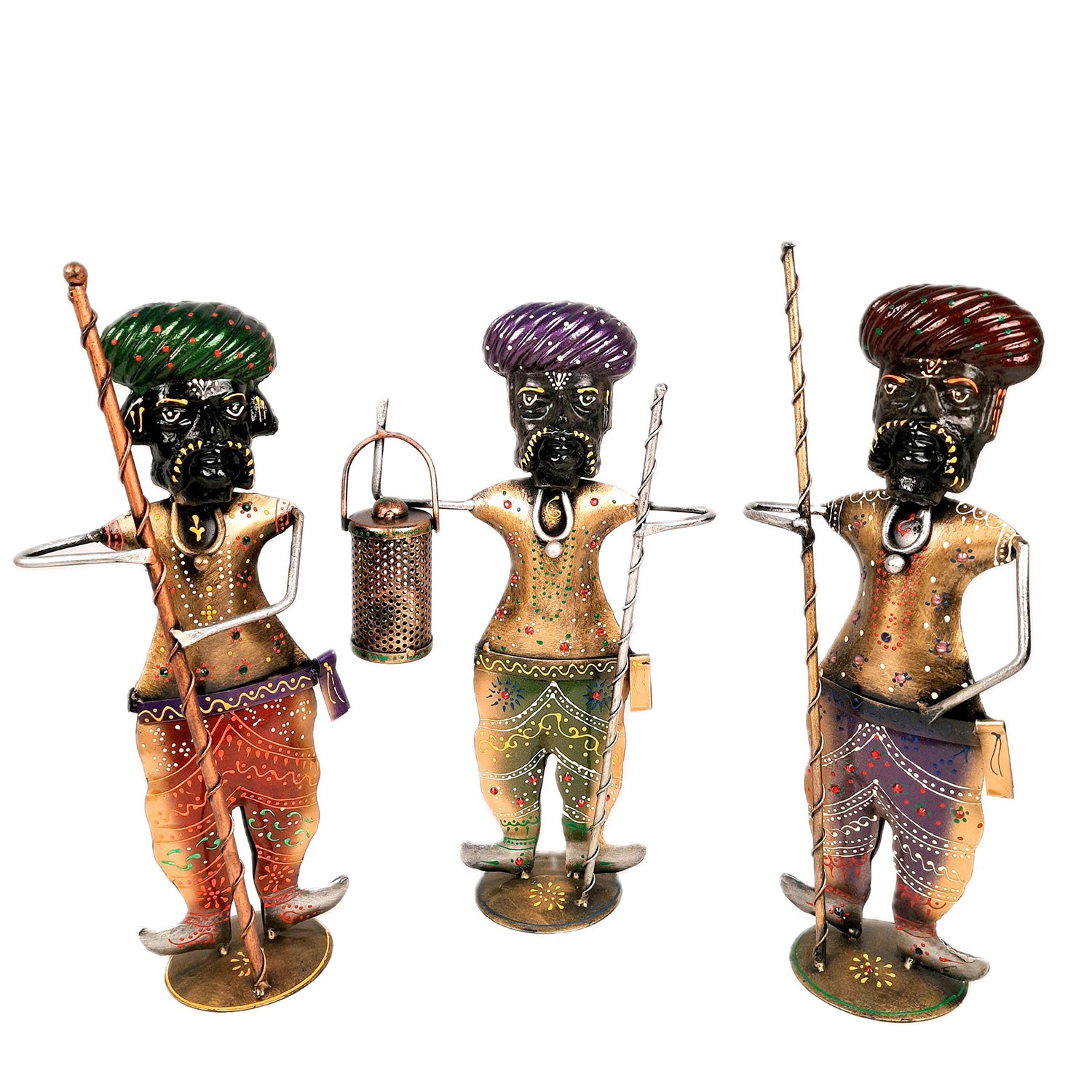 Darbaan Showpiece | Village Men Holding Stick & Lantern Figurines | Handicraft Show Pieces - For Home, Table, Living Room, TV Unit Decor | Housewarming & Festivals Gifts - 14 Inch (Set of 3) - Apkamart