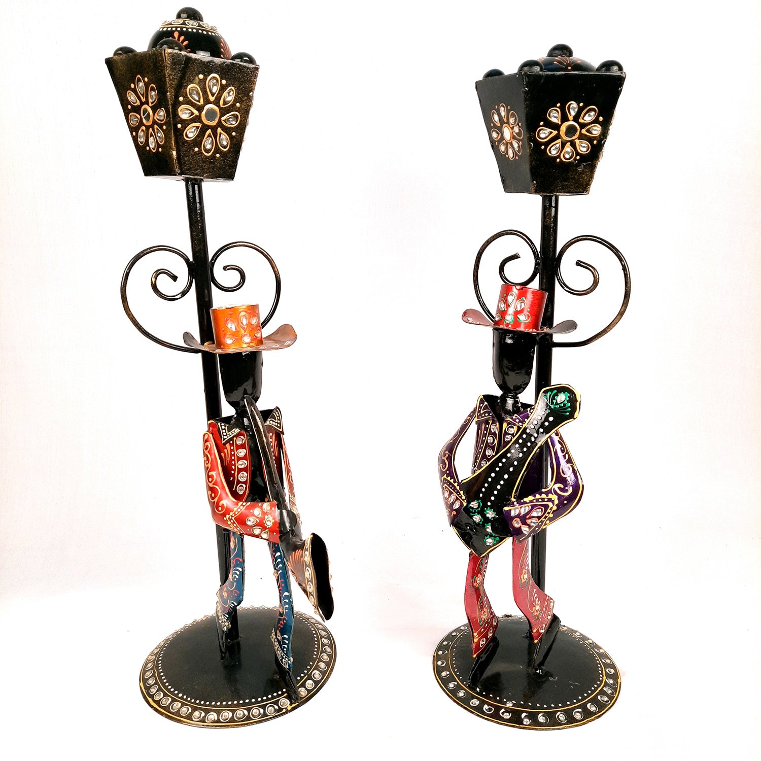 Showpiece Set - Musician Playing Musical Instrument Under Lamp Post | Handicraft Figurines With Kundan Work - For Table, Living Room, Bedroom & TV Unit | Big Show Piece For Office Desk & Gifts- 22 Inch (Set of 2) - apkamart