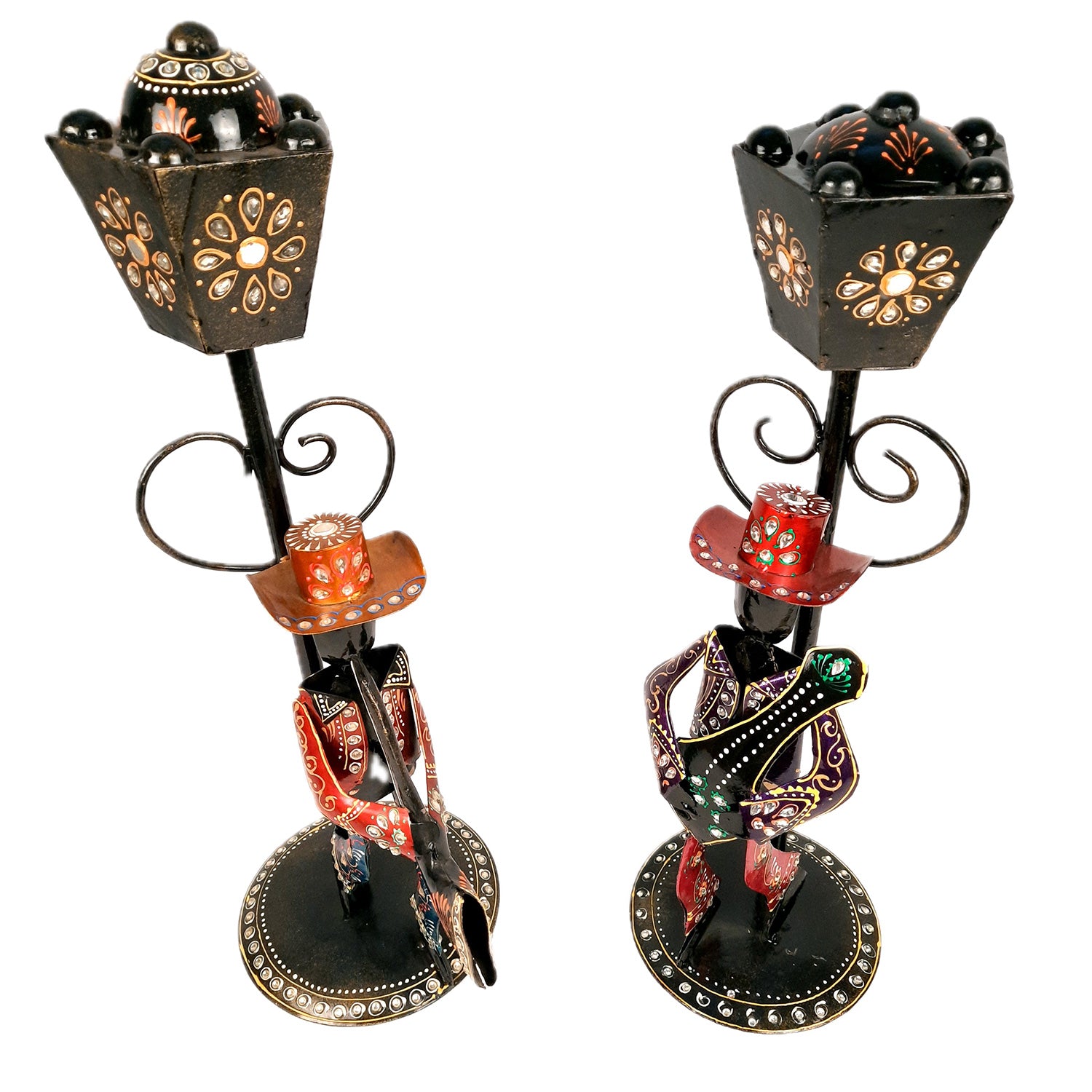 Showpiece Set - Musician Playing Musical Instrument Under Lamp Post | Handicraft Figurines With Kundan Work - For Table, Living Room, Bedroom & TV Unit | Big Show Piece For Office Desk & Gifts- 22 Inch (Set of 2) - apkamart