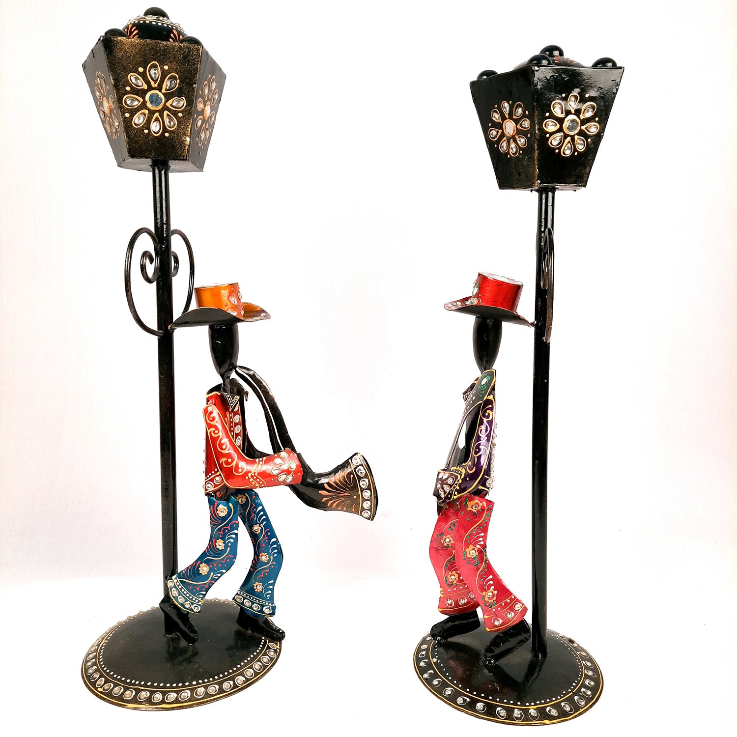 Showpiece Set - Musician Playing Musical Instrument Under Lamp Post | Handicraft Figurines With Kundan Work - For Table, Living Room, Bedroom & TV Unit | Big Show Piece For Office Desk & Gifts- 22 Inch (Set of 2) - apkamart