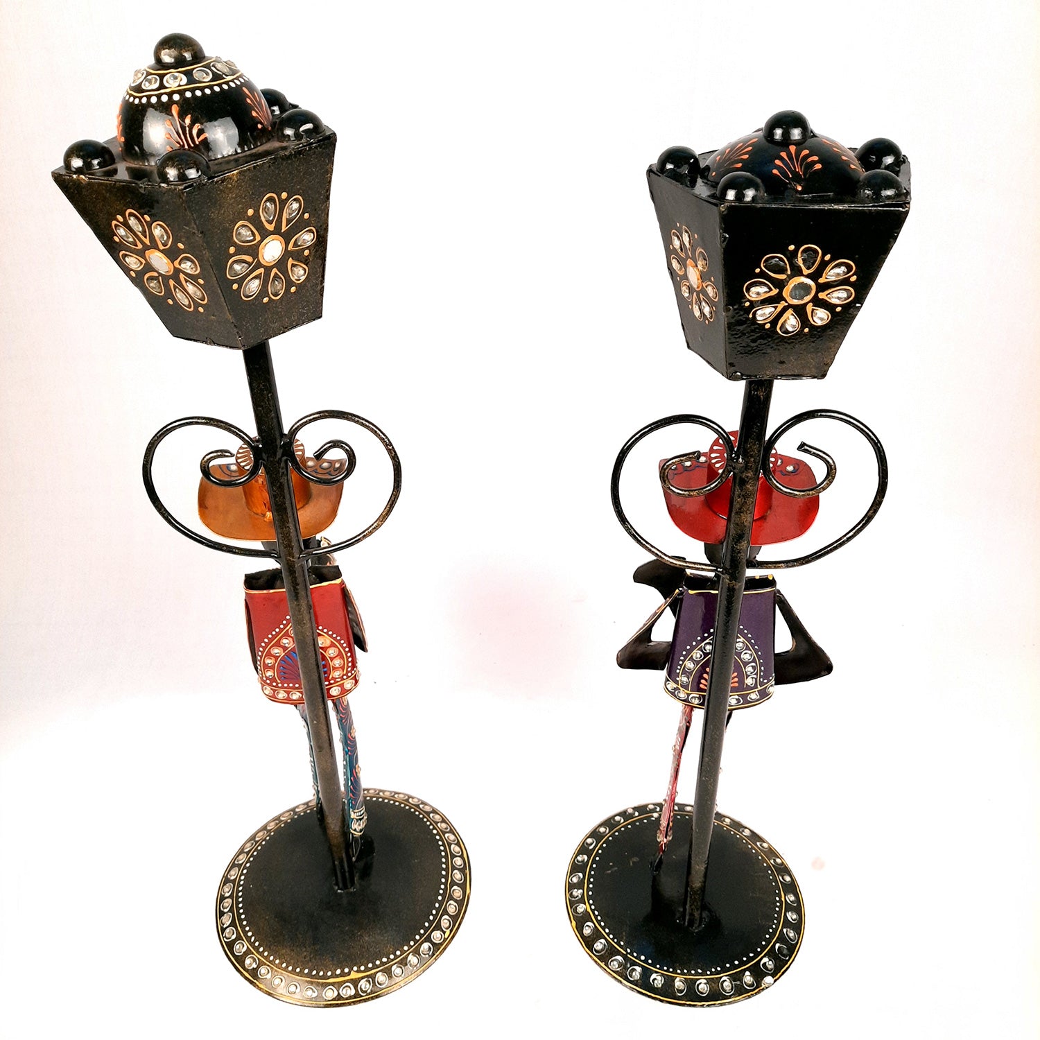 Showpiece Set - Musician Playing Musical Instrument Under Lamp Post | Handicraft Figurines With Kundan Work - For Table, Living Room, Bedroom & TV Unit | Big Show Piece For Office Desk & Gifts- 22 Inch (Set of 2) - apkamart