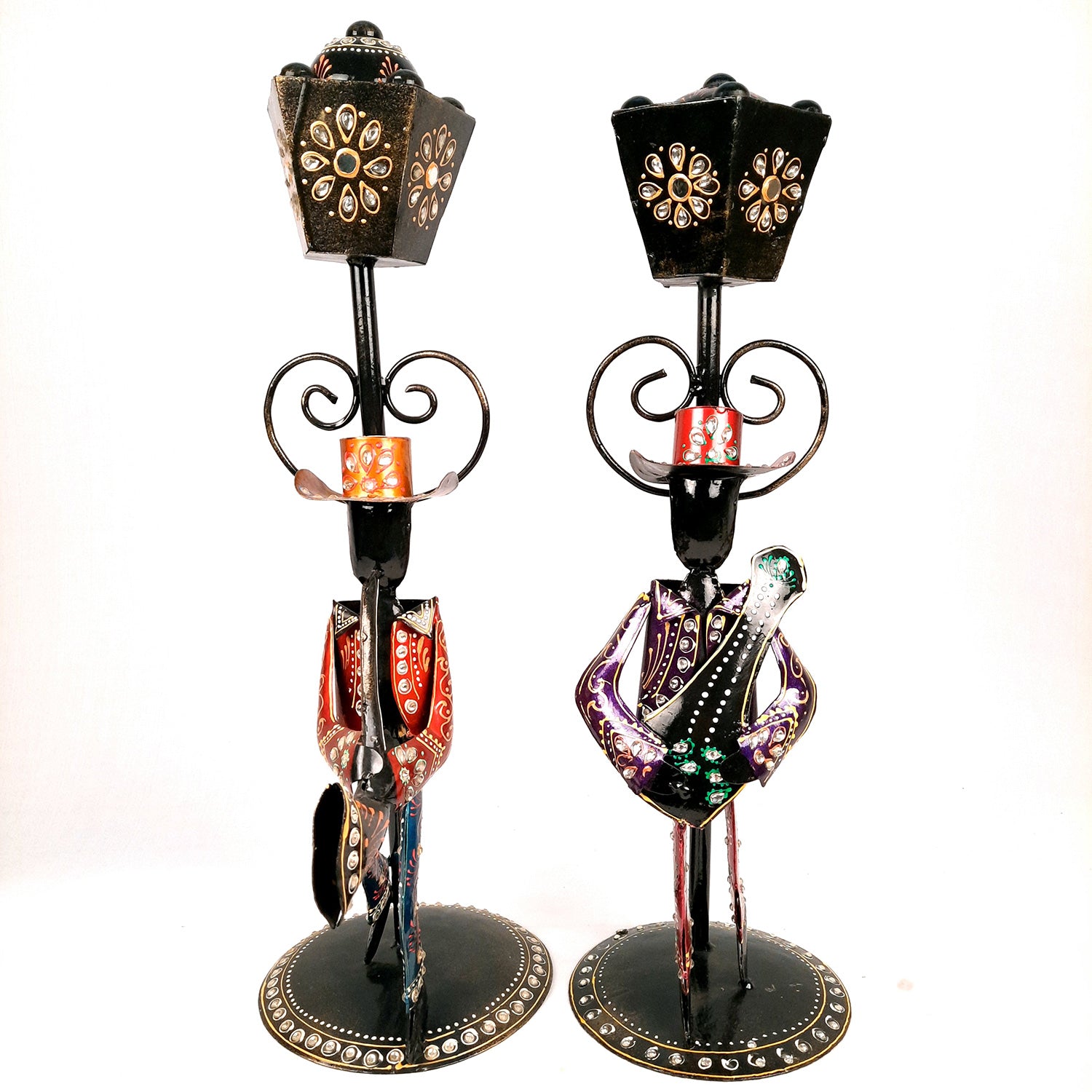 Showpiece Set - Musician Playing Musical Instrument Under Lamp Post | Handicraft Figurines With Kundan Work - For Table, Living Room, Bedroom & TV Unit | Big Show Piece For Office Desk & Gifts- 22 Inch (Set of 2) - apkamart