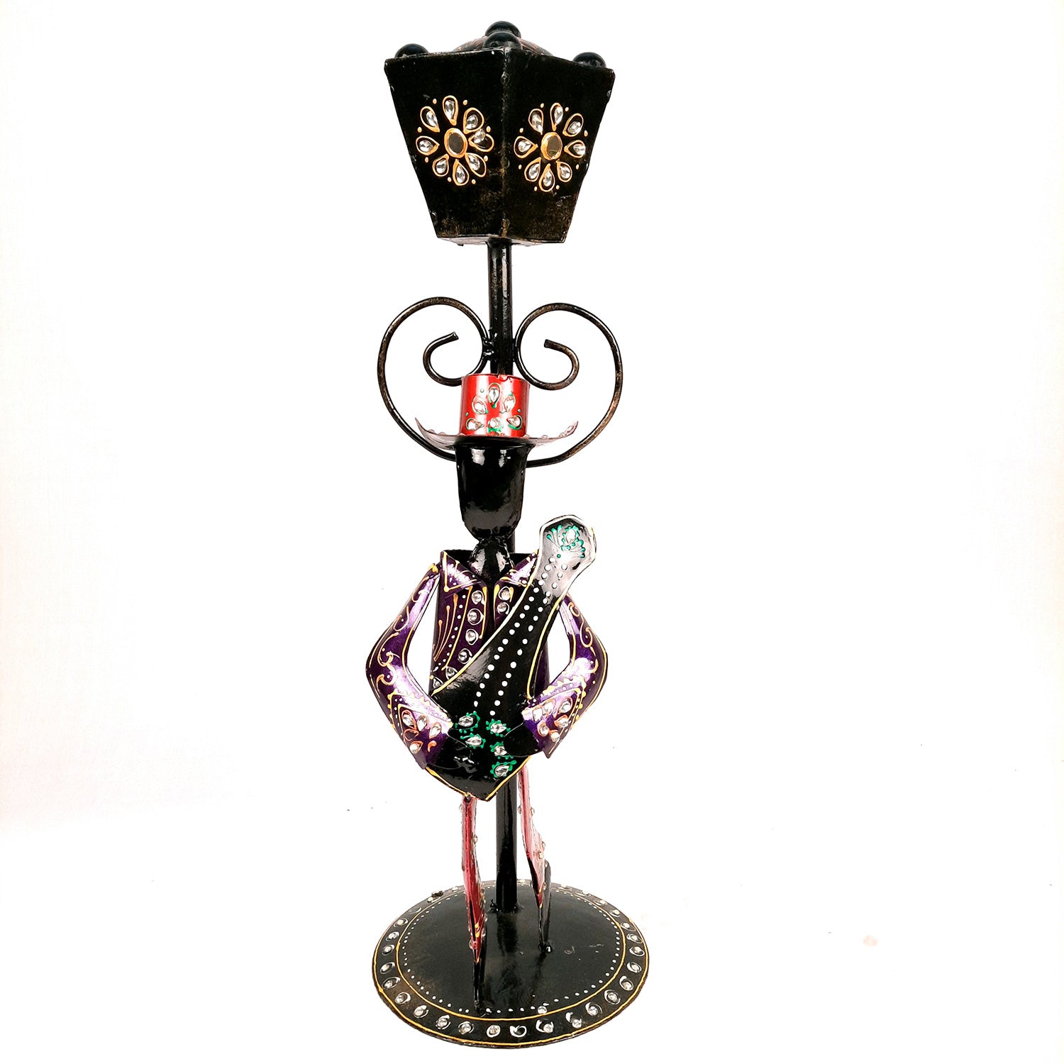 Showpiece Set - Musician Playing Musical Instrument Under Lamp Post | Handicraft Figurines With Kundan Work - For Table, Living Room, Bedroom & TV Unit | Big Show Piece For Office Desk & Gifts- 22 Inch (Set of 2) - apkamart