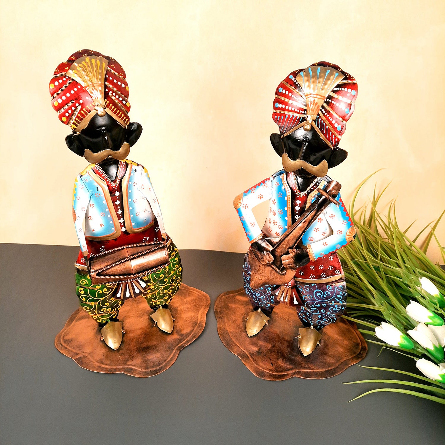 Showpiece Figurine - Musician Playing Dholak & Veena Design | Decorative Showpieces for Home, Bedroom, Living Room, Office Desk & Table | Gifts For Wedding, Housewarming & Festivals - 14 Inch (Set of 2) - Apkamart