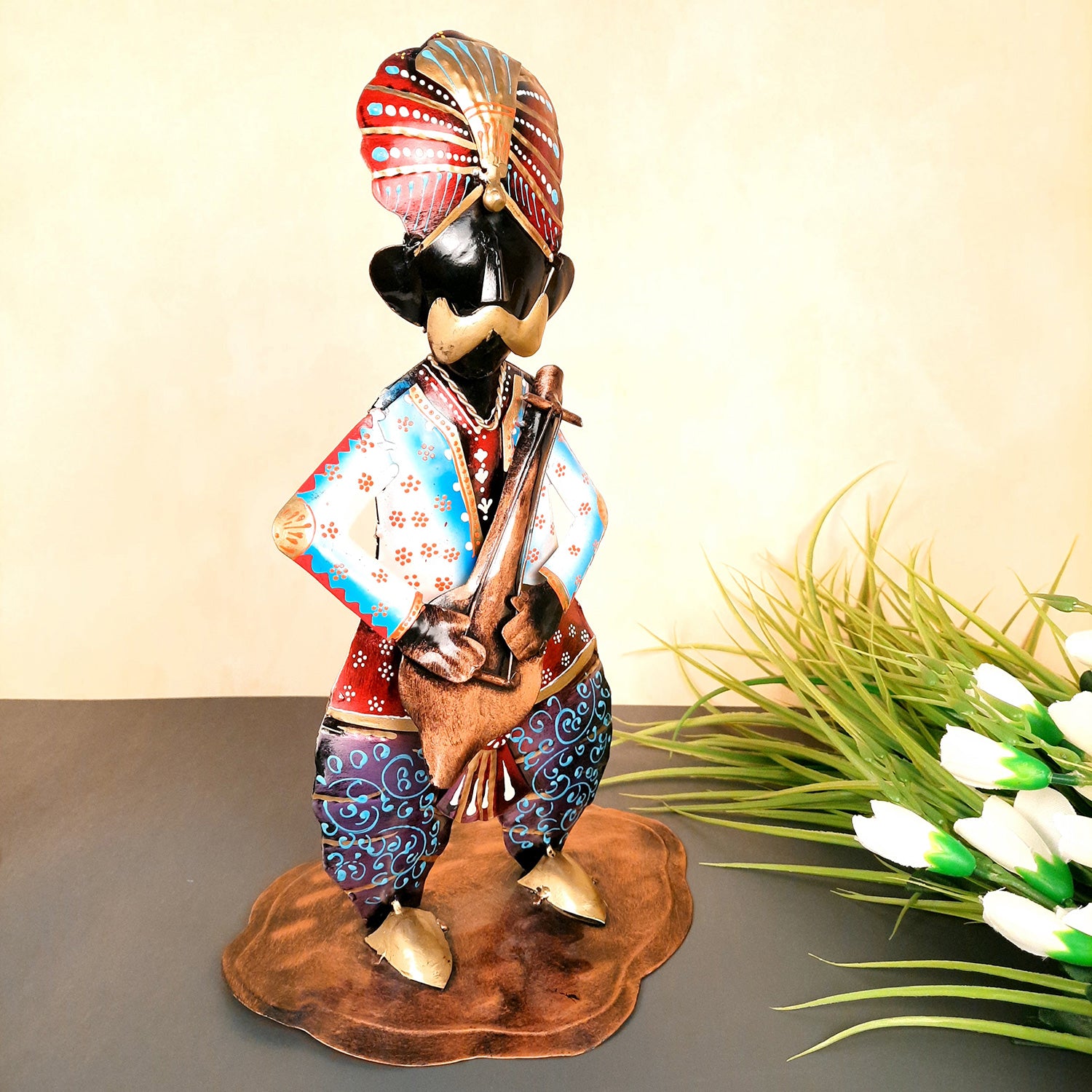 Showpiece Figurine - Musician Playing Dholak & Veena Design | Decorative Showpieces for Home, Bedroom, Living Room, Office Desk & Table | Gifts For Wedding, Housewarming & Festivals - 14 Inch (Set of 2) - Apkamart