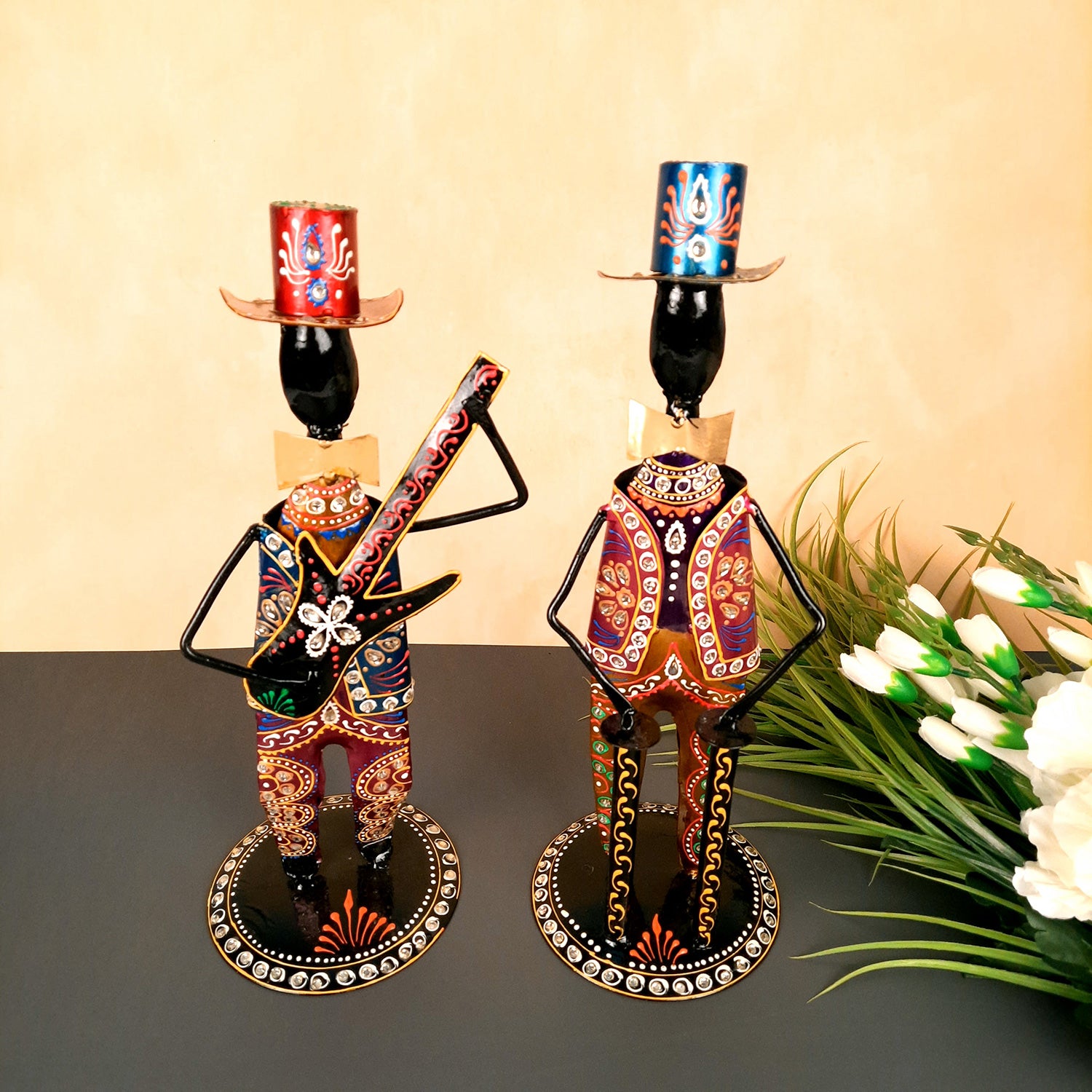 Showpiece Set - Musician Design | Figurines Playing Musical Instruments With Kundan Work - for Home, Bedroom, Living Room, Office Desk & Table & Gifts - 18 Inch (Set of 2)