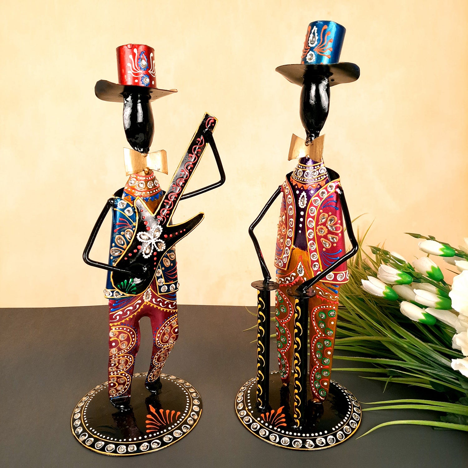 Showpiece Set - Musician Design | Figurines Playing Musical Instruments With Kundan Work - for Home, Bedroom, Living Room, Office Desk & Table & Gifts - 18 Inch (Set of 2)