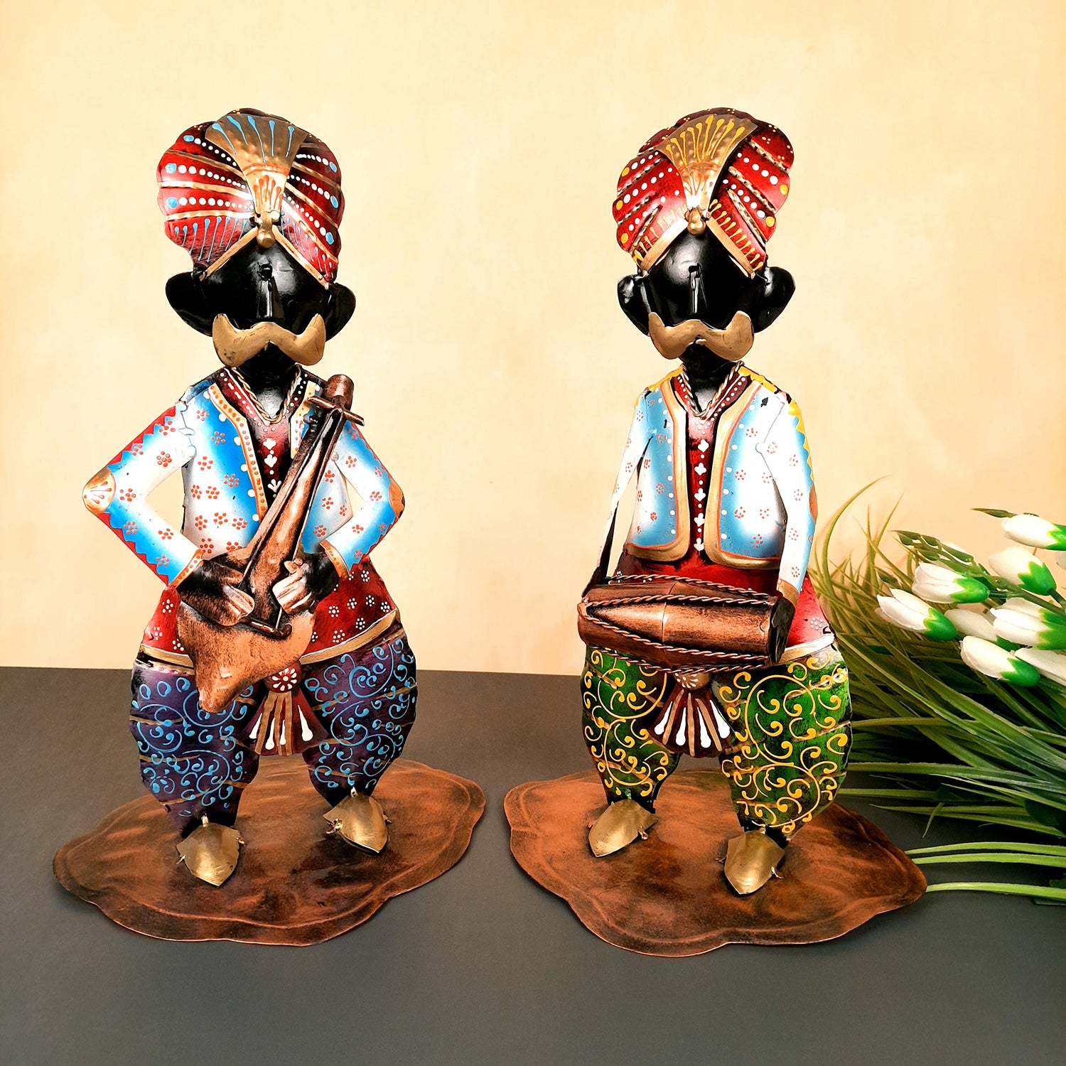 Showpiece Figurine - Musician Playing Dholak & Veena Design | Decorative Showpieces for Home, Bedroom, Living Room, Office Desk & Table | Gifts For Wedding, Housewarming & Festivals - 14 Inch (Set of 2) - Apkamart