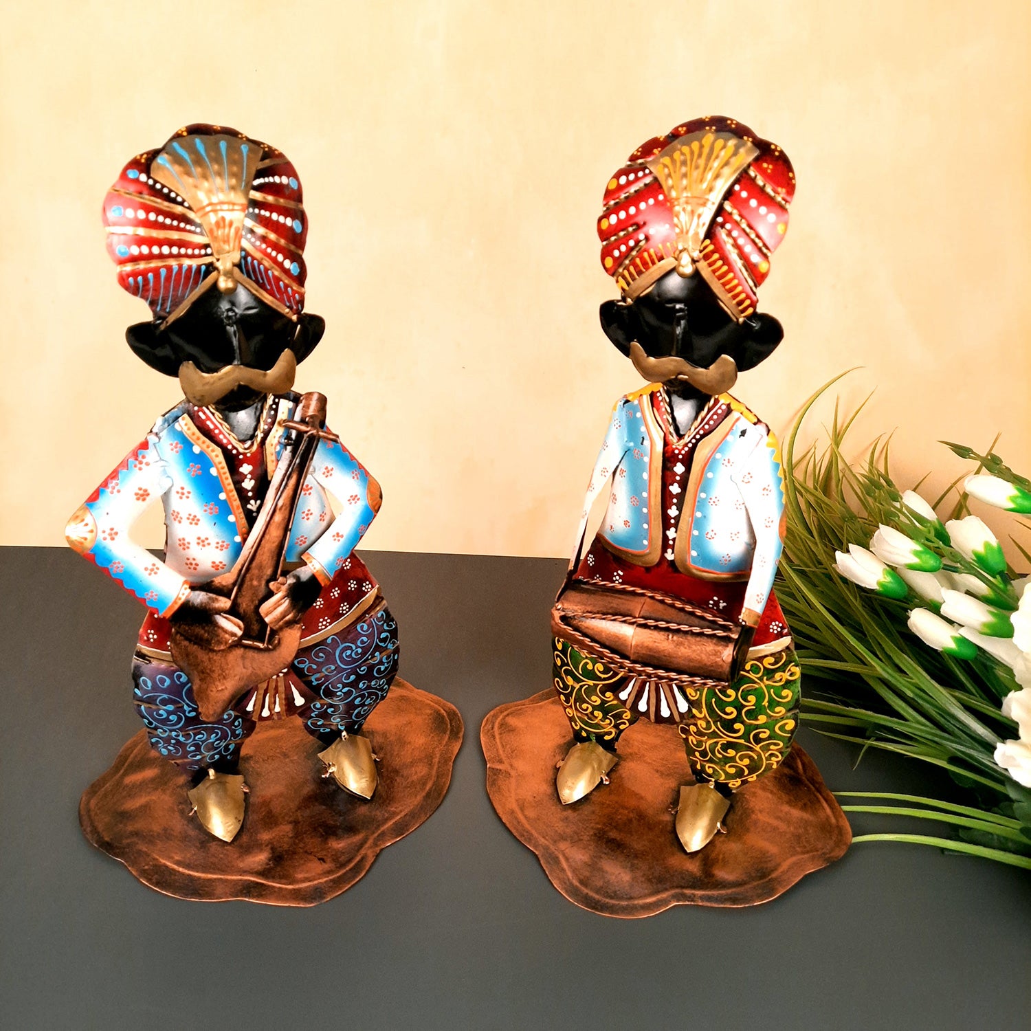 Showpiece Figurine - Musician Playing Dholak & Veena Design | Decorative Showpieces for Home, Bedroom, Living Room, Office Desk & Table | Gifts For Wedding, Housewarming & Festivals - 14 Inch (Set of 2) - Apkamart
