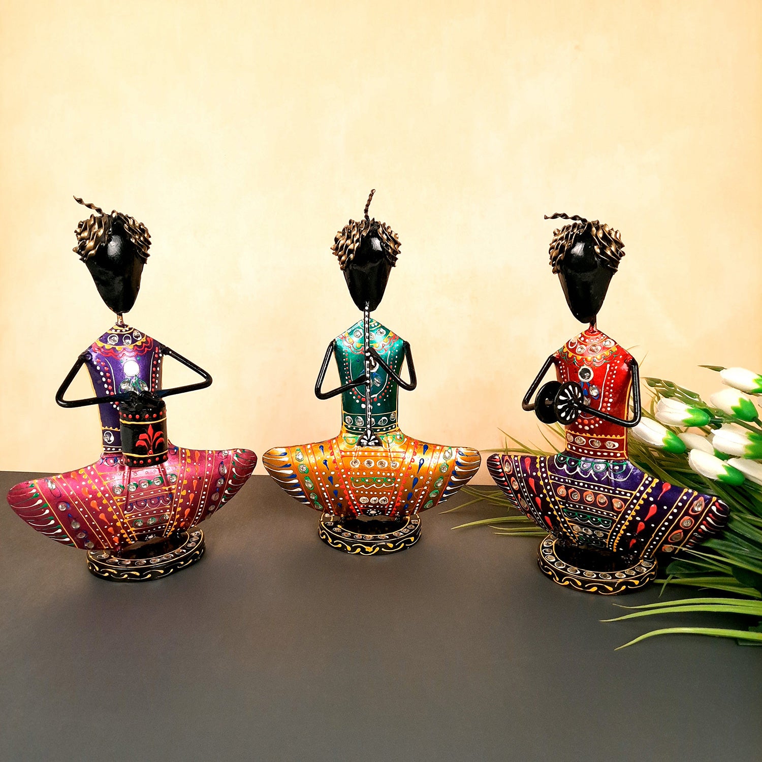 Showpiece Figurine - Rajasthani Musician Design | Decorative Show piece With Kundan Work - for Home, Bedroom, Living Room, Office Desk & Table Decor | Gifts For Wedding, Housewarming & Festivals -12 Inch (Set of 3) - Apkamart #Style_Design 2