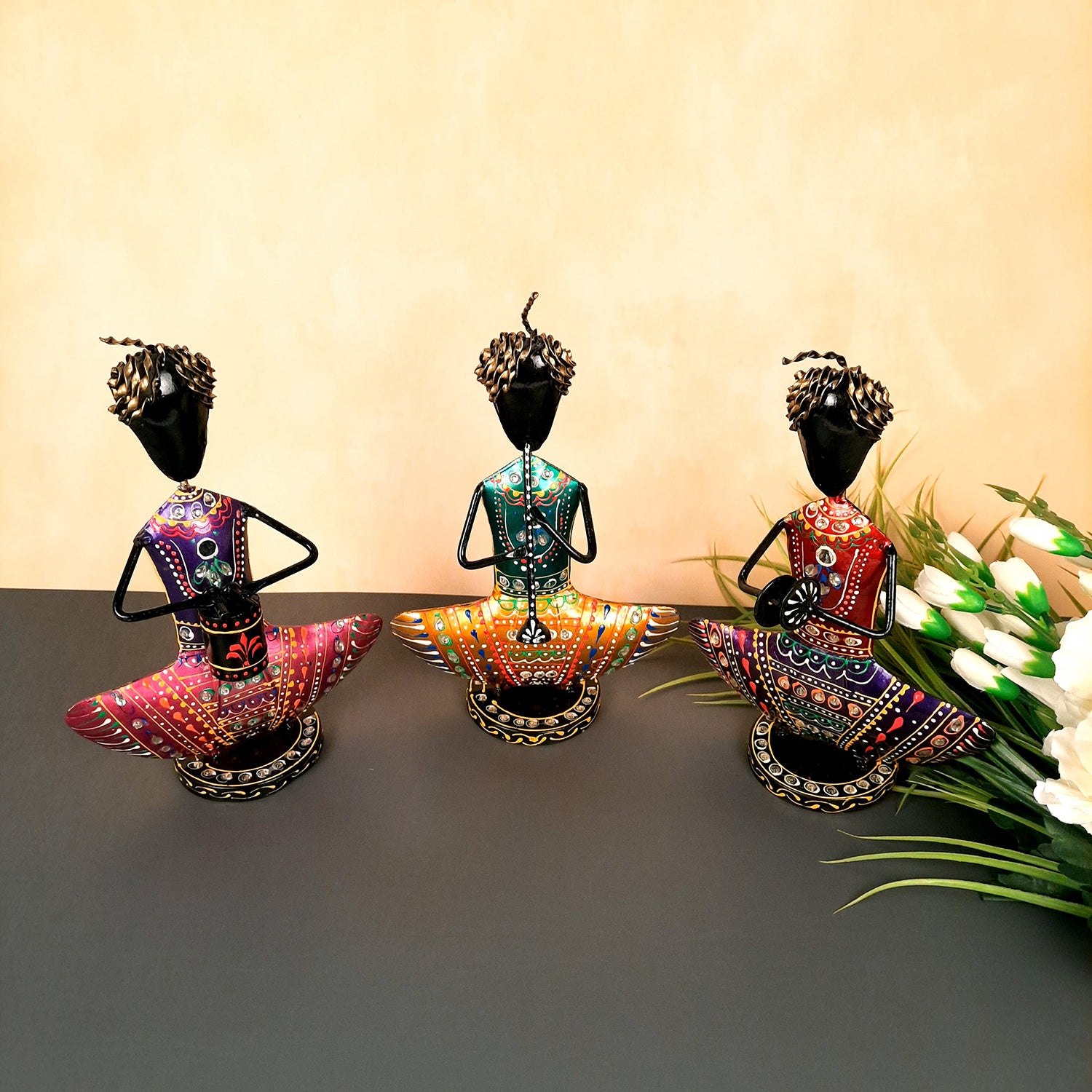 Showpiece Figurine - Rajasthani Musician Design | Decorative Show piece With Kundan Work - for Home, Bedroom, Living Room, Office Desk & Table Decor | Gifts For Wedding, Housewarming & Festivals -12 Inch (Set of 3) - Apkamart #Style_Design 2