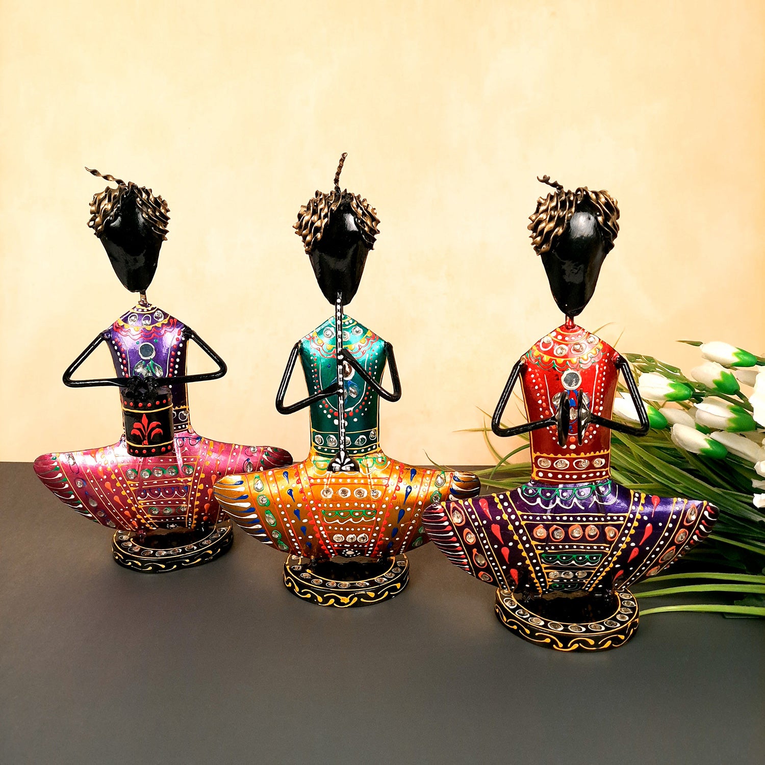 Showpiece Figurine - Rajasthani Musician Design | Decorative Show piece With Kundan Work - for Home, Bedroom, Living Room, Office Desk & Table Decor | Gifts For Wedding, Housewarming & Festivals -12 Inch (Set of 3) - Apkamart #Style_Design 2