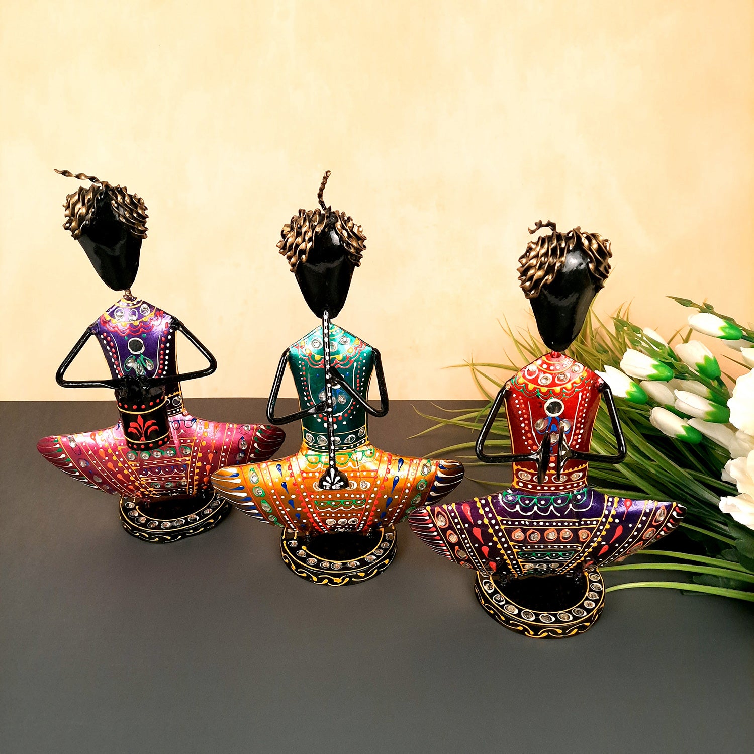 Showpiece Figurine - Rajasthani Musician Design | Decorative Show piece With Kundan Work - for Home, Bedroom, Living Room, Office Desk & Table Decor | Gifts For Wedding, Housewarming & Festivals -12 Inch (Set of 3) - Apkamart #Style_Design 2