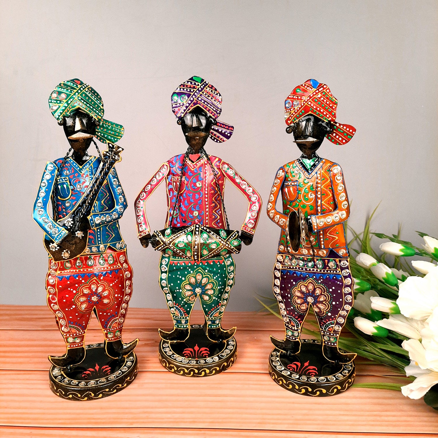 Showpiece Musician Set | Decorative Figurines Playing Musical Instrument With Kundan Work - For Home, Table, Living Room & TV Unit | Show Piece For Office Desk & Gifts - 14 Inch (Set of 3) - Apkamart