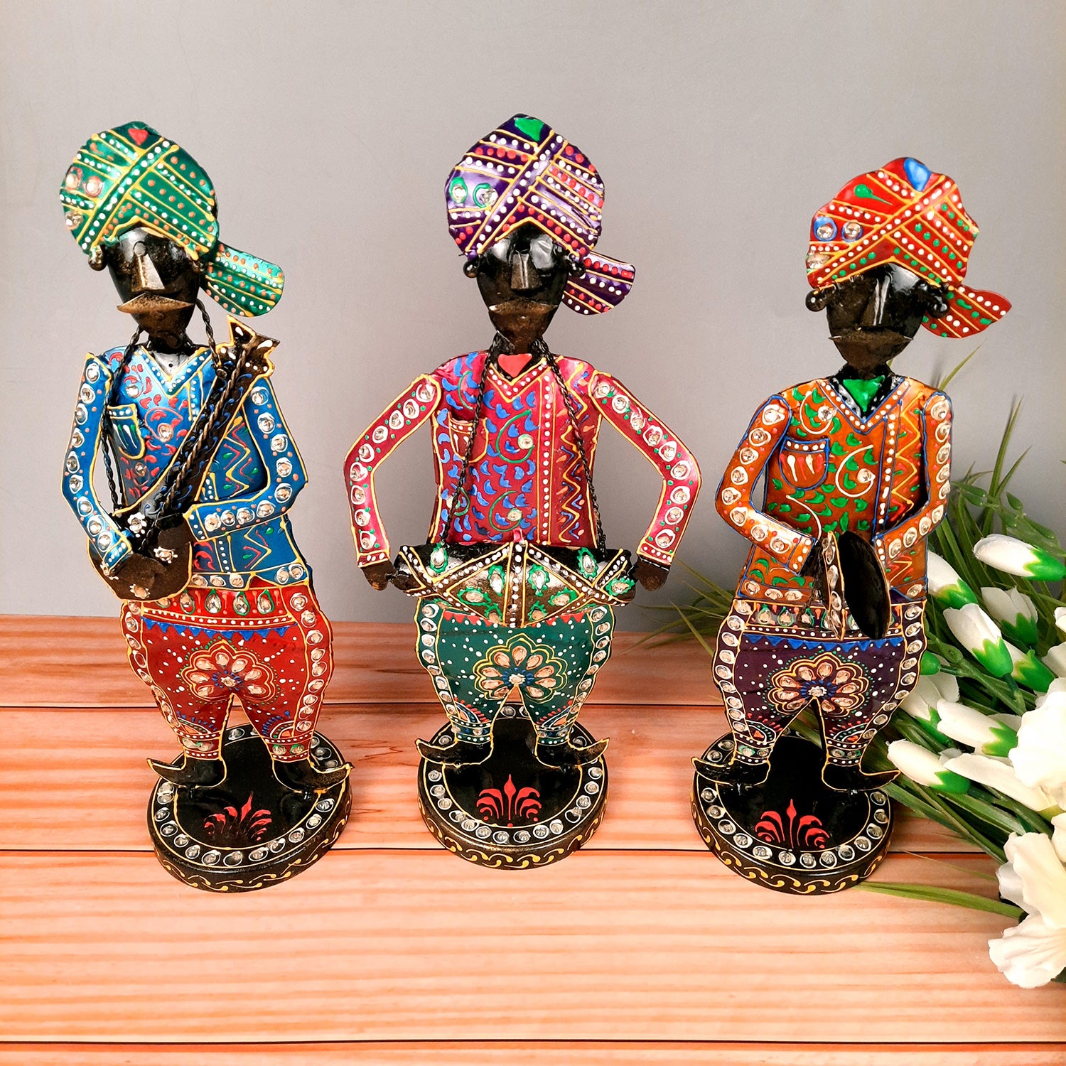 Showpiece Musician Set | Decorative Figurines Playing Musical Instrument With Kundan Work - For Home, Table, Living Room & TV Unit | Show Piece For Office Desk & Gifts - 14 Inch (Set of 3) - Apkamart
