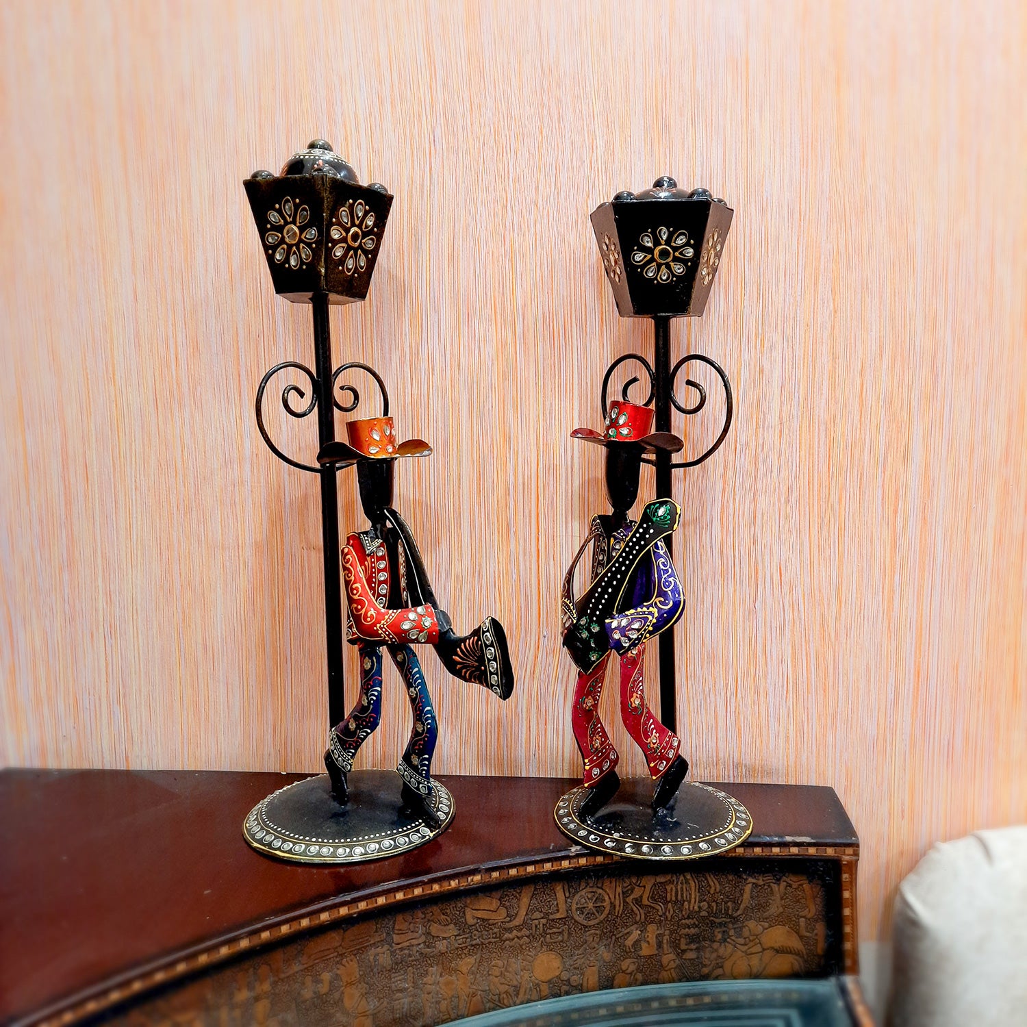 Showpiece Set - Musician Playing Musical Instrument Under Lamp Post | Handicraft Figurines With Kundan Work - For Table, Living Room, Bedroom & TV Unit | Big Show Piece For Office Desk & Gifts- 22 Inch (Set of 2) - apkamart