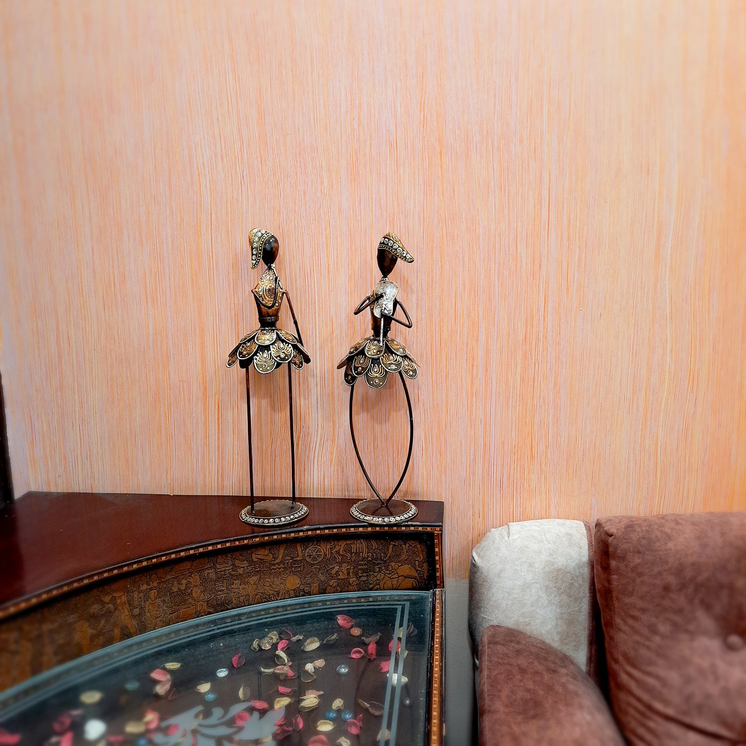 Showpiece Figurine - Muscian Singing & Playing Violin Design | Decorative Long Show pieces With Golden & Kundan Work | Artifacts for Home, Table, Living Room, TV Unit & Bedroom Decor & Gifts- 19 Inch (Set of 2) - Apkamart