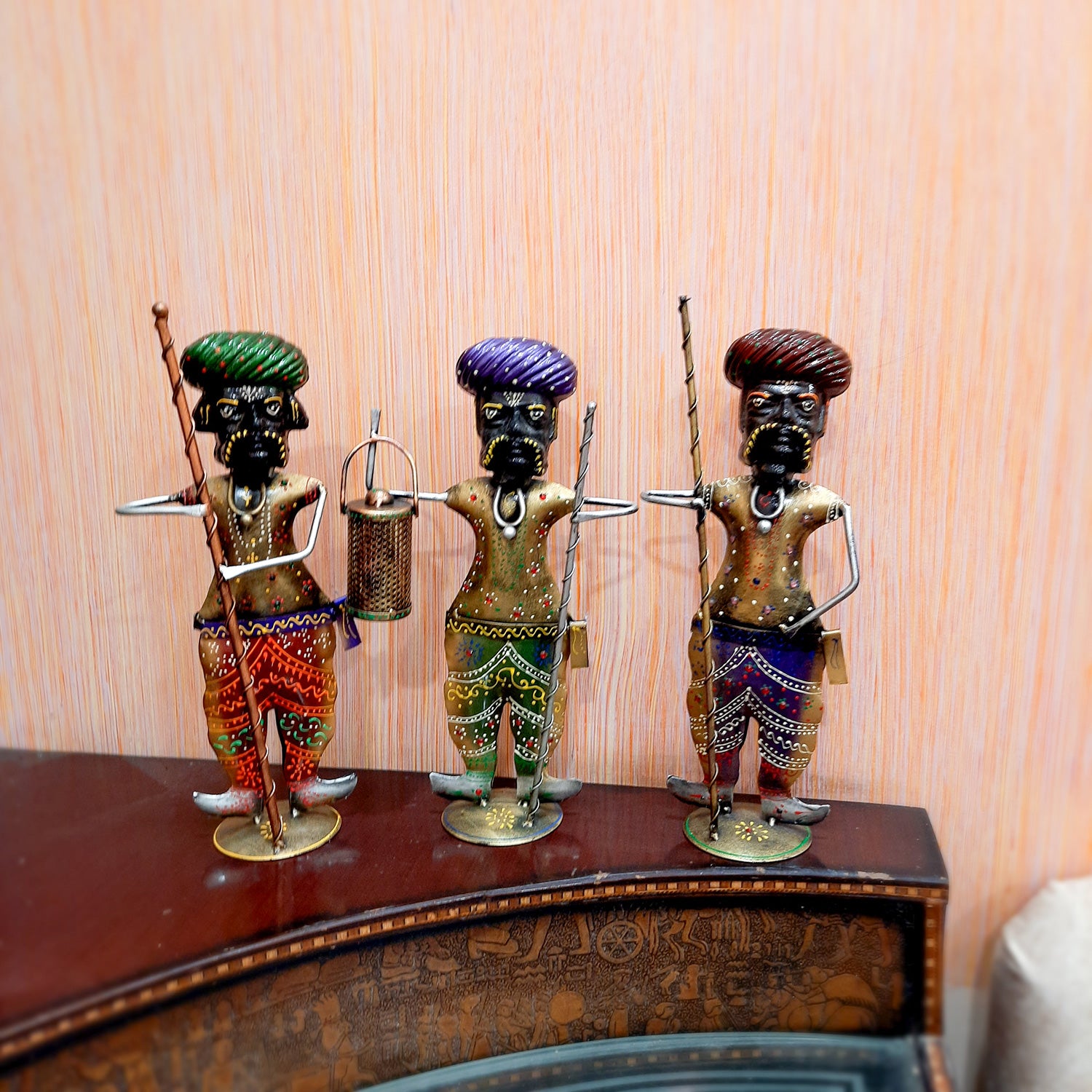 Darbaan Showpiece | Village Men Holding Stick & Lantern Figurines | Handicraft Show Pieces - For Home, Table, Living Room, TV Unit Decor | Housewarming & Festivals Gifts - 14 Inch (Set of 3) - Apkamart