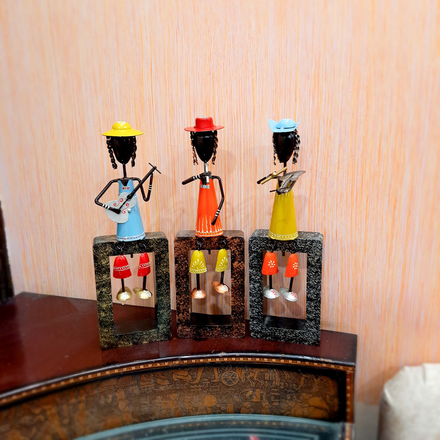 Musician Showpiece Cum Wall Hanging | Figurines Playing Musical Instruments With Hanging Legs | Decorative Showpieces - For Home, Table, Living Room, TV Unit, Balcony, Wall Decor & Gifts - 16 Inch (Set of 3) - Apkamart
