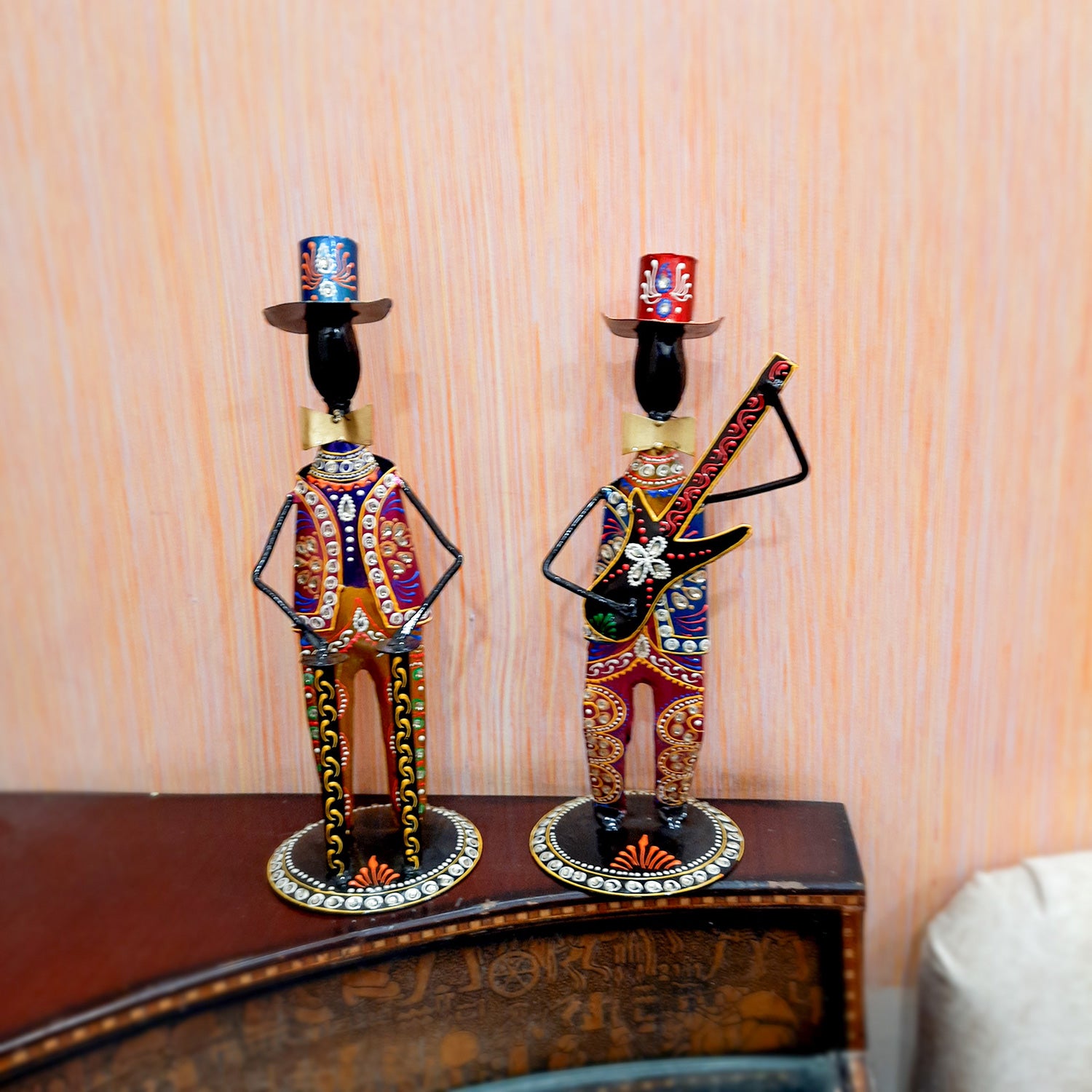 Showpiece Set - Musician Design | Figurines Playing Musical Instruments With Kundan Work - for Home, Bedroom, Living Room, Office Desk & Table & Gifts - 18 Inch (Set of 2)