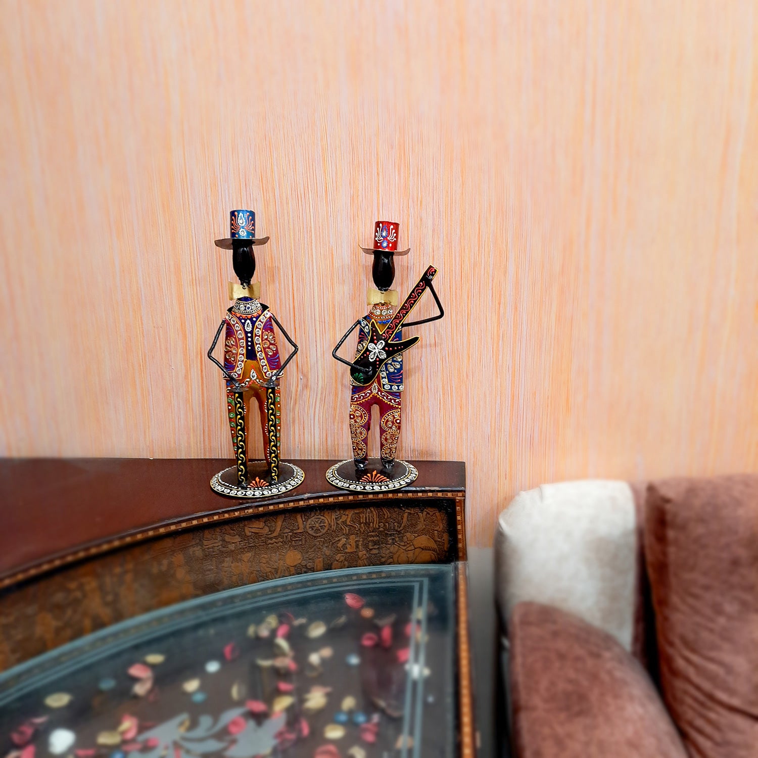 Showpiece Set - Musician Design | Figurines Playing Musical Instruments With Kundan Work - for Home, Bedroom, Living Room, Office Desk & Table & Gifts - 18 Inch (Set of 2)