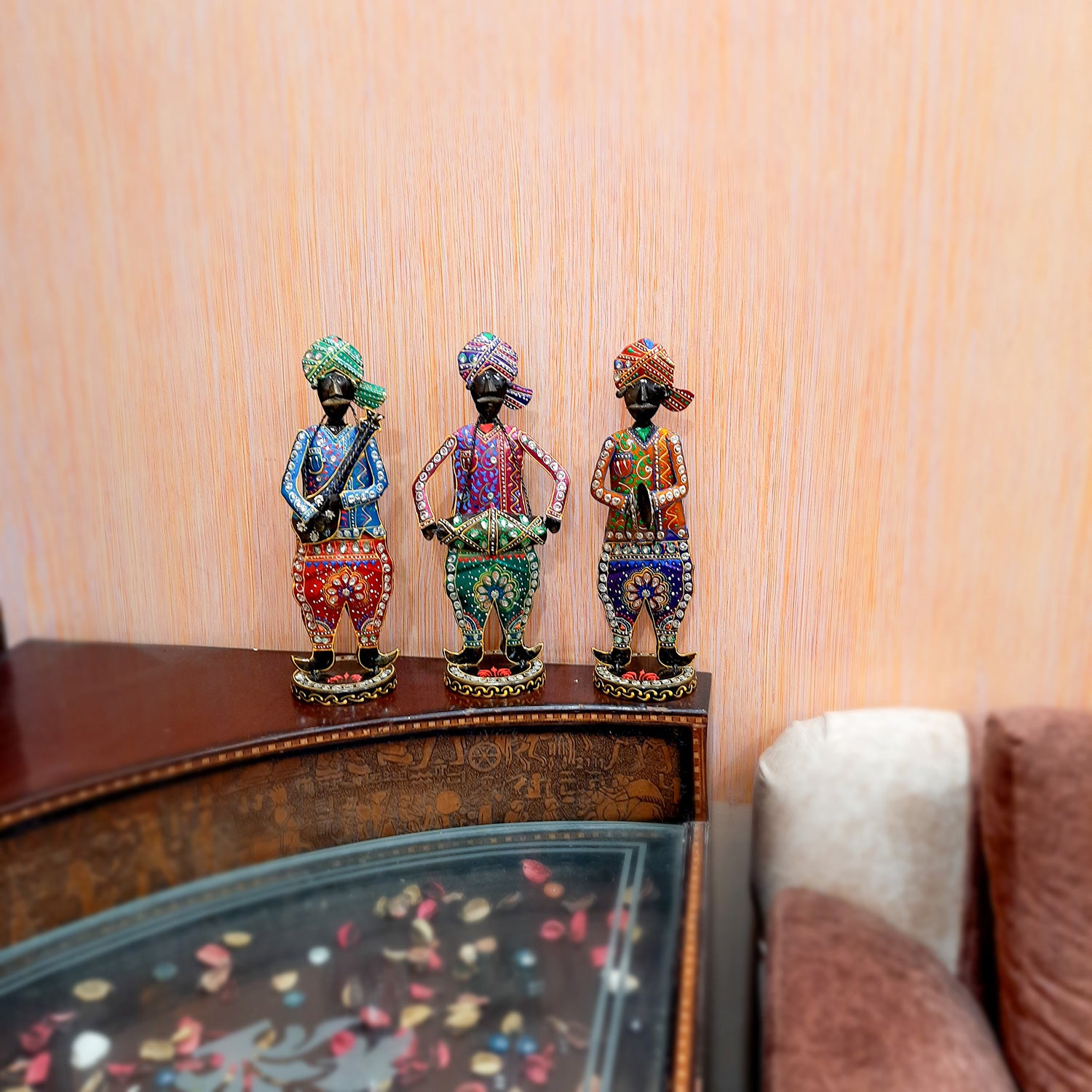 Showpiece Musician Set | Decorative Figurines Playing Musical Instrument With Kundan Work - For Home, Table, Living Room & TV Unit | Show Piece For Office Desk & Gifts - 14 Inch (Set of 3) - Apkamart