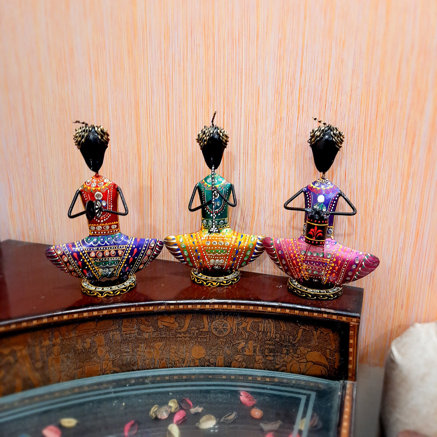 Showpiece Figurine - Rajasthani Musician Design | Decorative Show piece With Kundan Work - for Home, Bedroom, Living Room, Office Desk & Table Decor | Gifts For Wedding, Housewarming & Festivals -12 Inch (Set of 3) - Apkamart #Style_Design 2