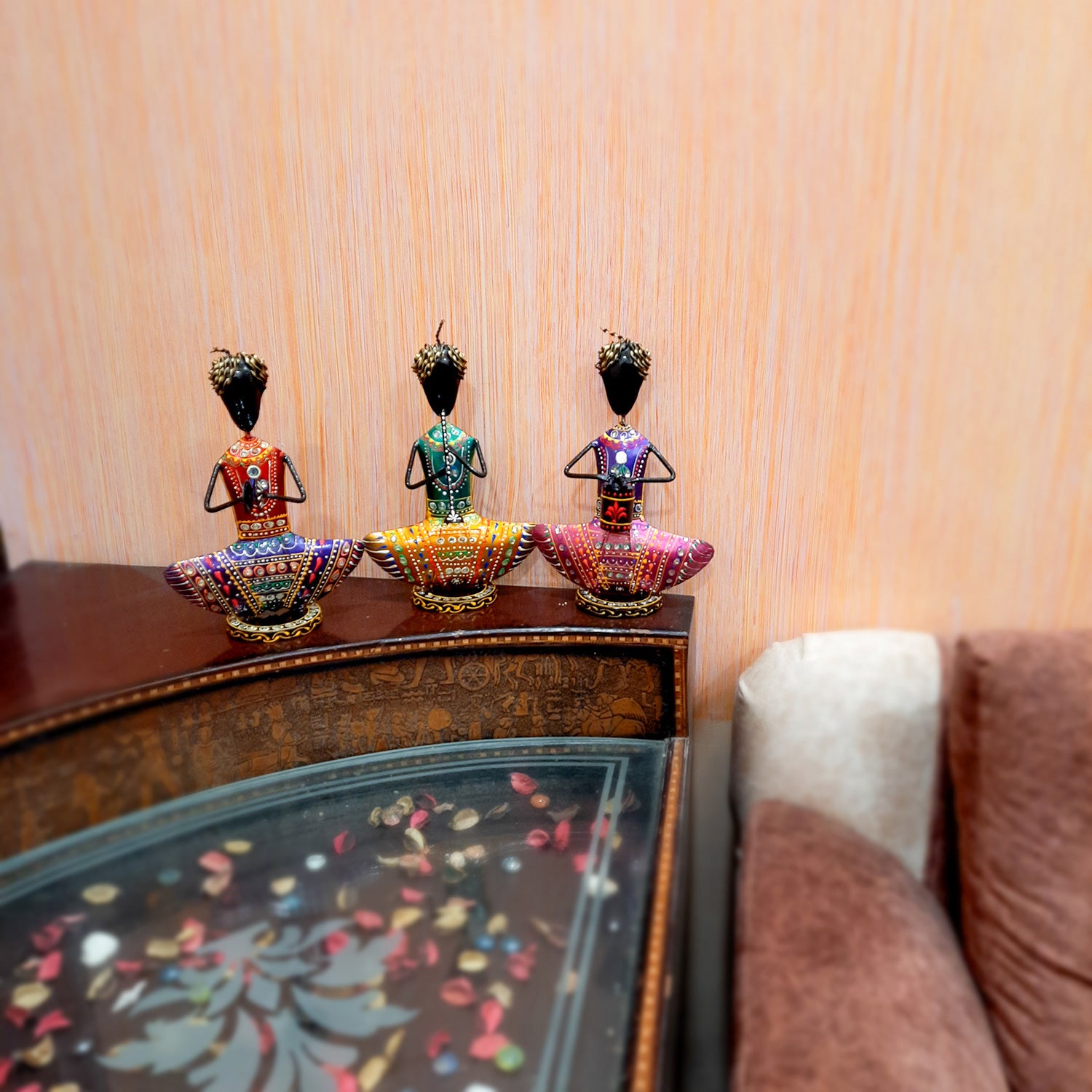 Showpiece Figurine - Rajasthani Musician Design | Decorative Show piece With Kundan Work - for Home, Bedroom, Living Room, Office Desk & Table Decor | Gifts For Wedding, Housewarming & Festivals -12 Inch (Set of 3) - Apkamart #Style_Design 2