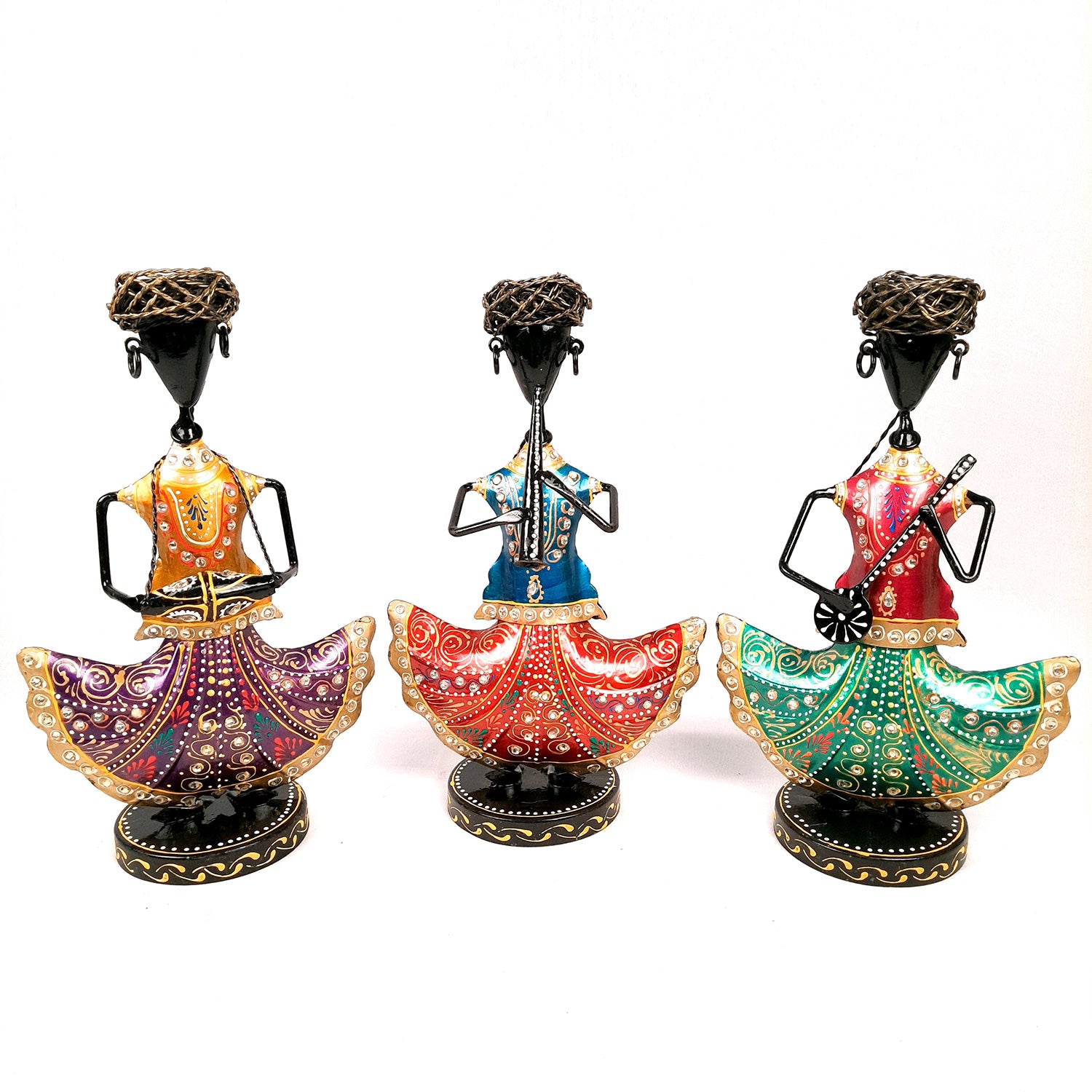 Showpiece Musician Set With Kundan Work | Decorative Figurine Playing Musical Instrument - For Home, Table, Living Room & TV Unit | Showpieces For Gifts - 12 Inch (Set of 3) - Apkamart