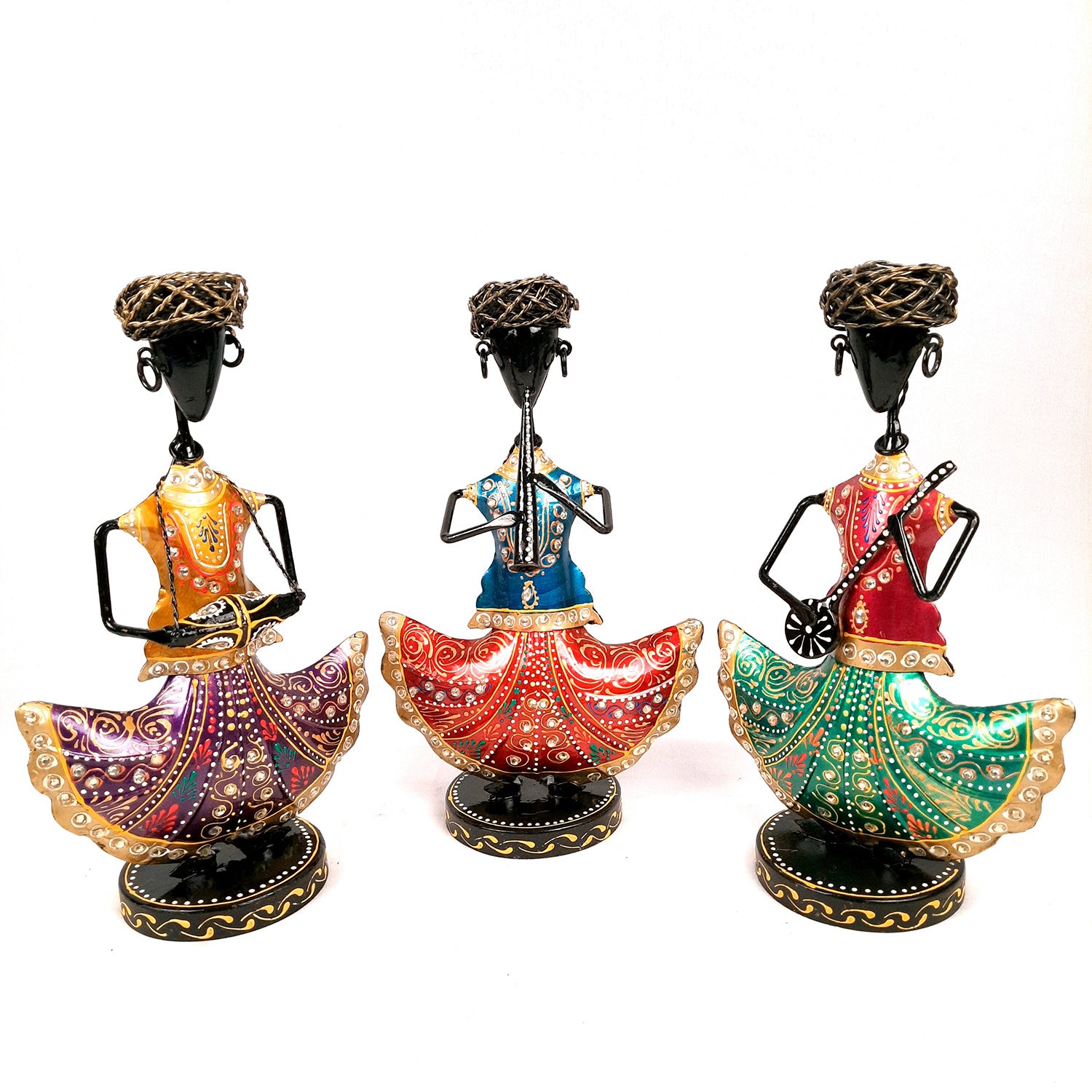 Showpiece Musician Set With Kundan Work | Decorative Figurine Playing Musical Instrument - For Home, Table, Living Room & TV Unit | Showpieces For Gifts - 12 Inch (Set of 3) - Apkamart