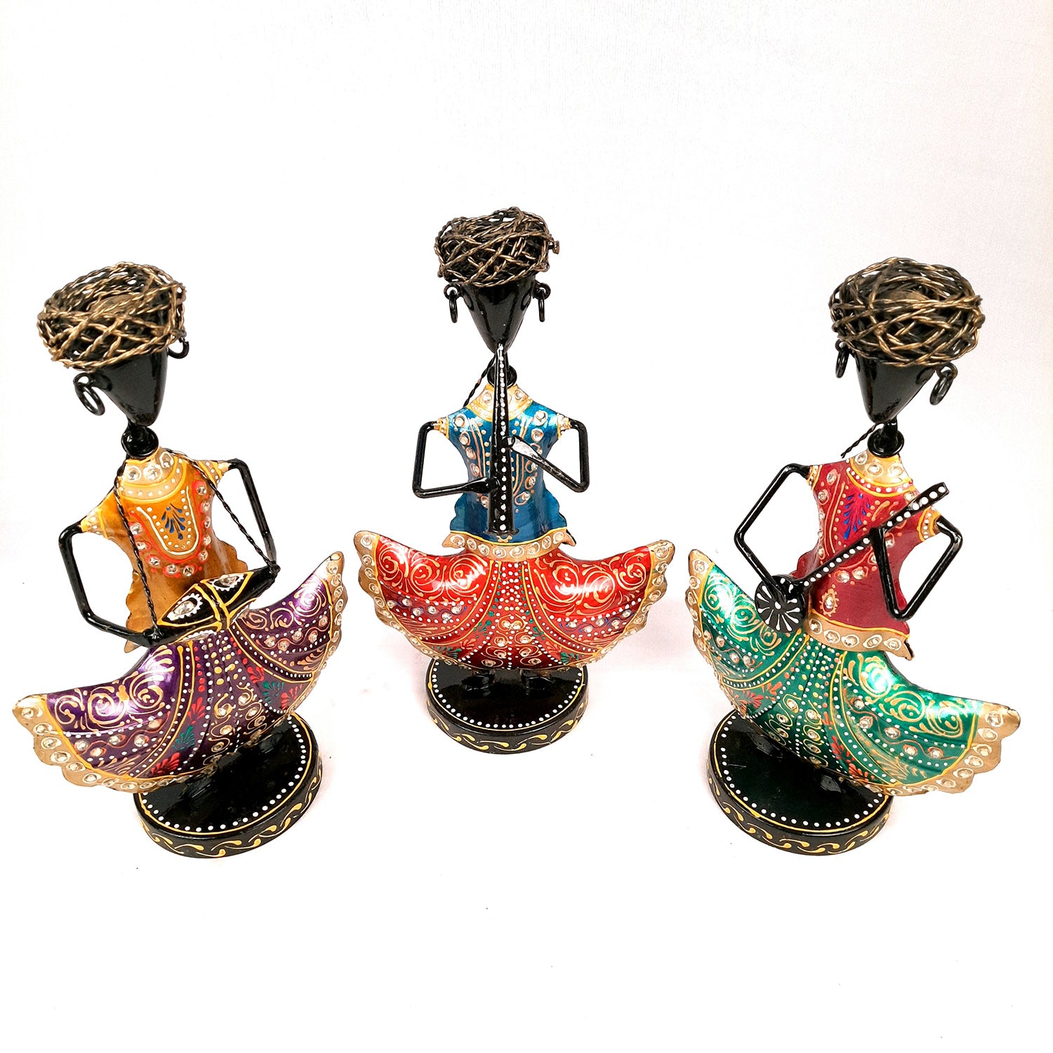 Showpiece Musician Set With Kundan Work | Decorative Figurine Playing Musical Instrument - For Home, Table, Living Room & TV Unit | Showpieces For Gifts - 12 Inch (Set of 3) - Apkamart
