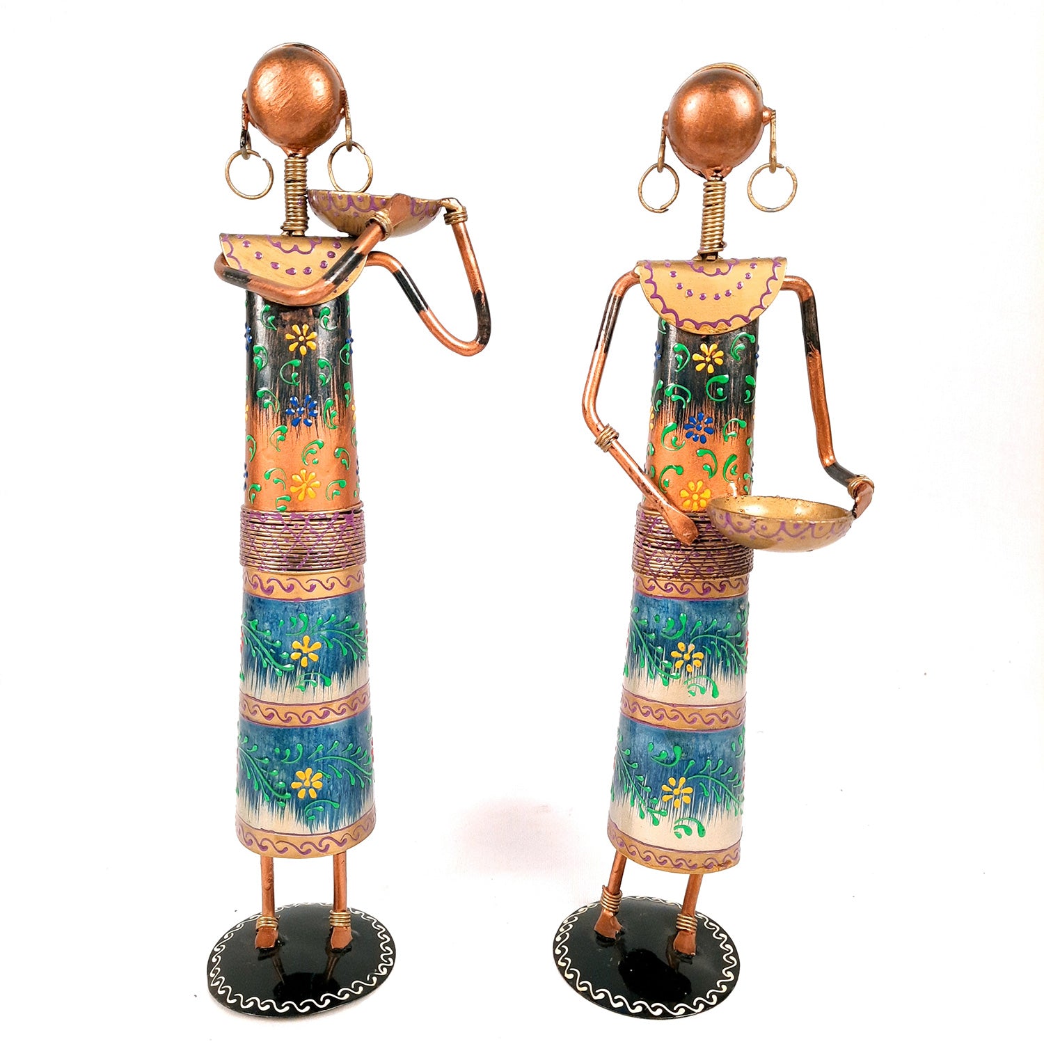 Showpiece Figurines Cum Tea Light Holders - Tribal Worker Design | Decorative Showpieces - for Home, Bedroom, Living Room, Office Desk, Table Decor & Gifts - 15 Inch (Set of 2) - Apkamart