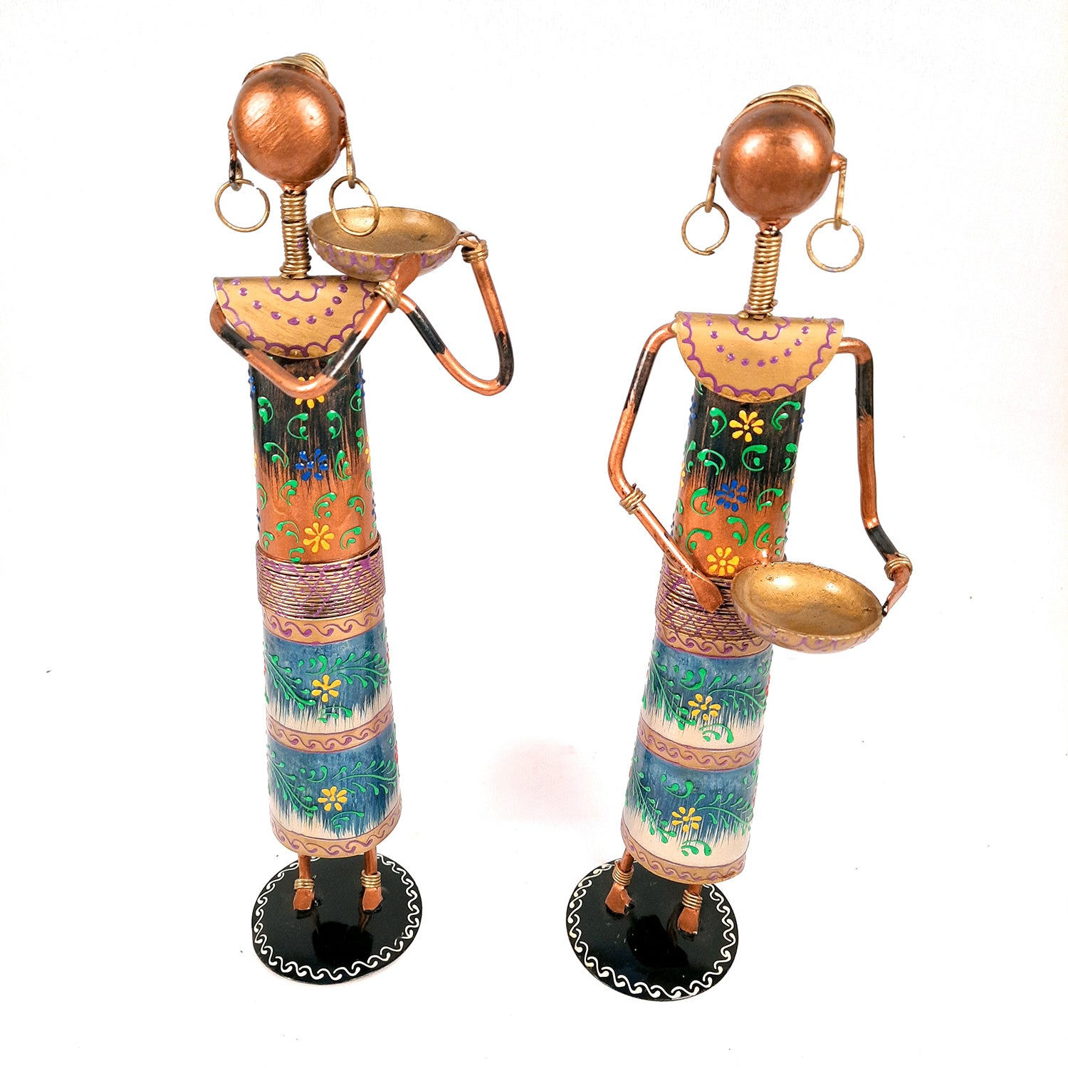 Showpiece Figurines Cum Tea Light Holders - Tribal Worker Design | Decorative Showpieces - for Home, Bedroom, Living Room, Office Desk, Table Decor & Gifts - 15 Inch (Set of 2) - Apkamart