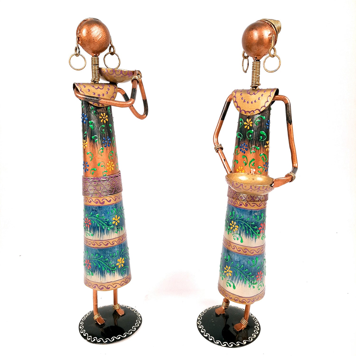 Showpiece Figurines Cum Tea Light Holders - Tribal Worker Design | Decorative Showpieces - for Home, Bedroom, Living Room, Office Desk, Table Decor & Gifts - 15 Inch (Set of 2) - Apkamart