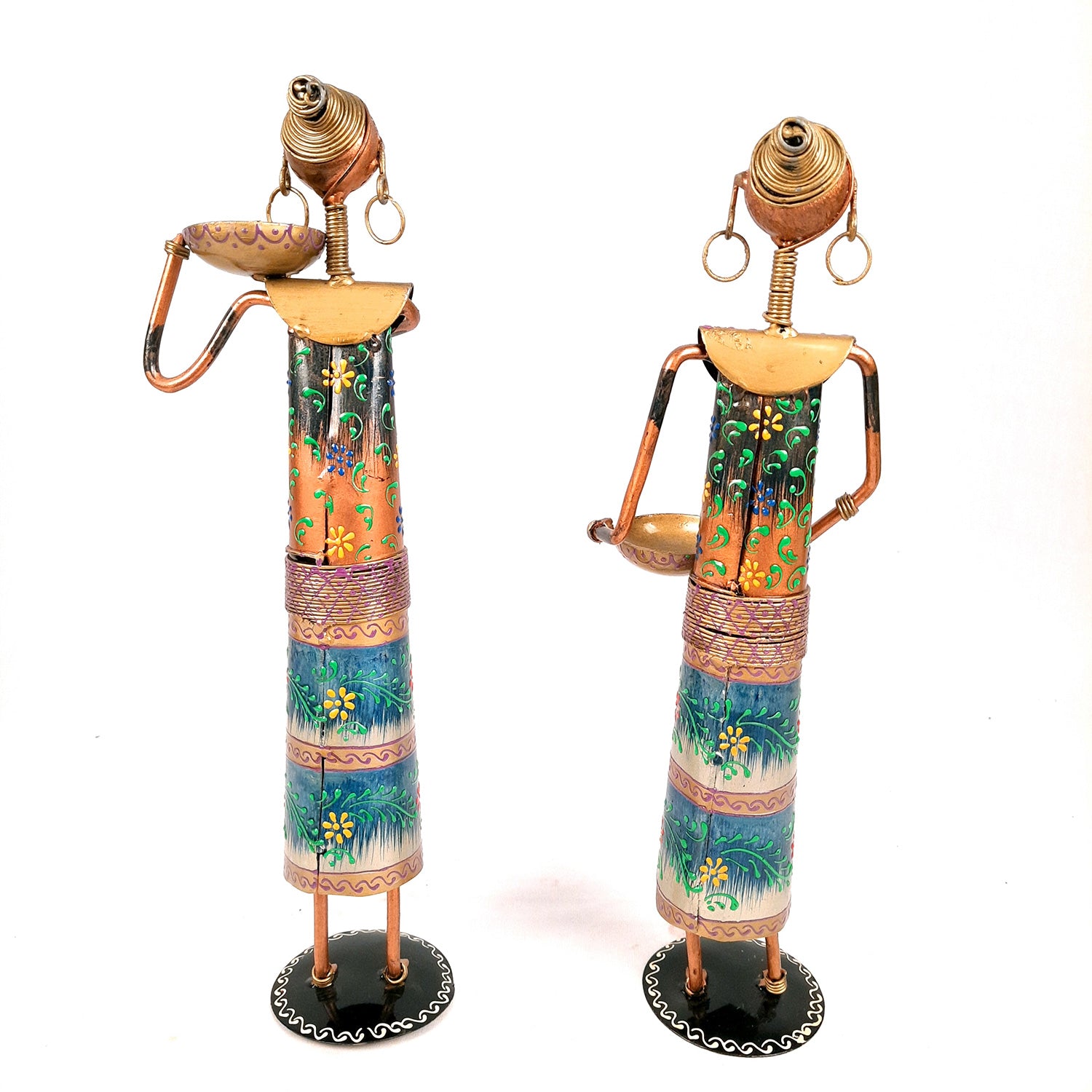 Showpiece Figurines Cum Tea Light Holders - Tribal Worker Design | Decorative Showpieces - for Home, Bedroom, Living Room, Office Desk, Table Decor & Gifts - 15 Inch (Set of 2) - Apkamart