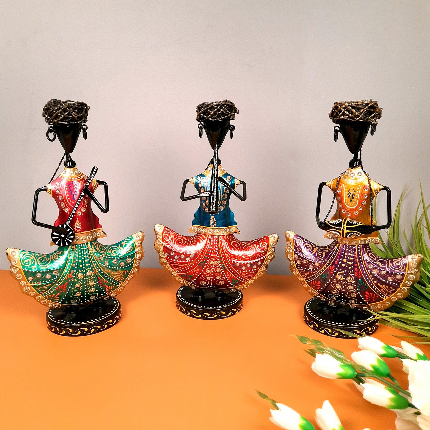 Showpiece Musician Set With Kundan Work | Decorative Figurine Playing Musical Instrument - For Home, Table, Living Room & TV Unit | Showpieces For Gifts - 12 Inch (Set of 3) - Apkamart