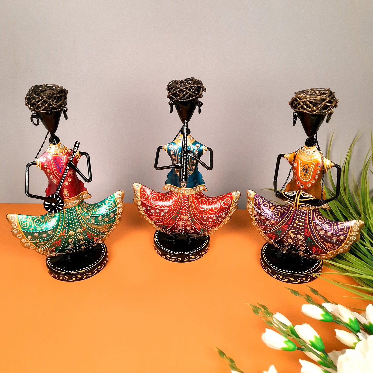 Showpiece Musician Set With Kundan Work | Decorative Figurine Playing Musical Instrument - For Home, Table, Living Room & TV Unit | Showpieces For Gifts - 12 Inch (Set of 3) - Apkamart