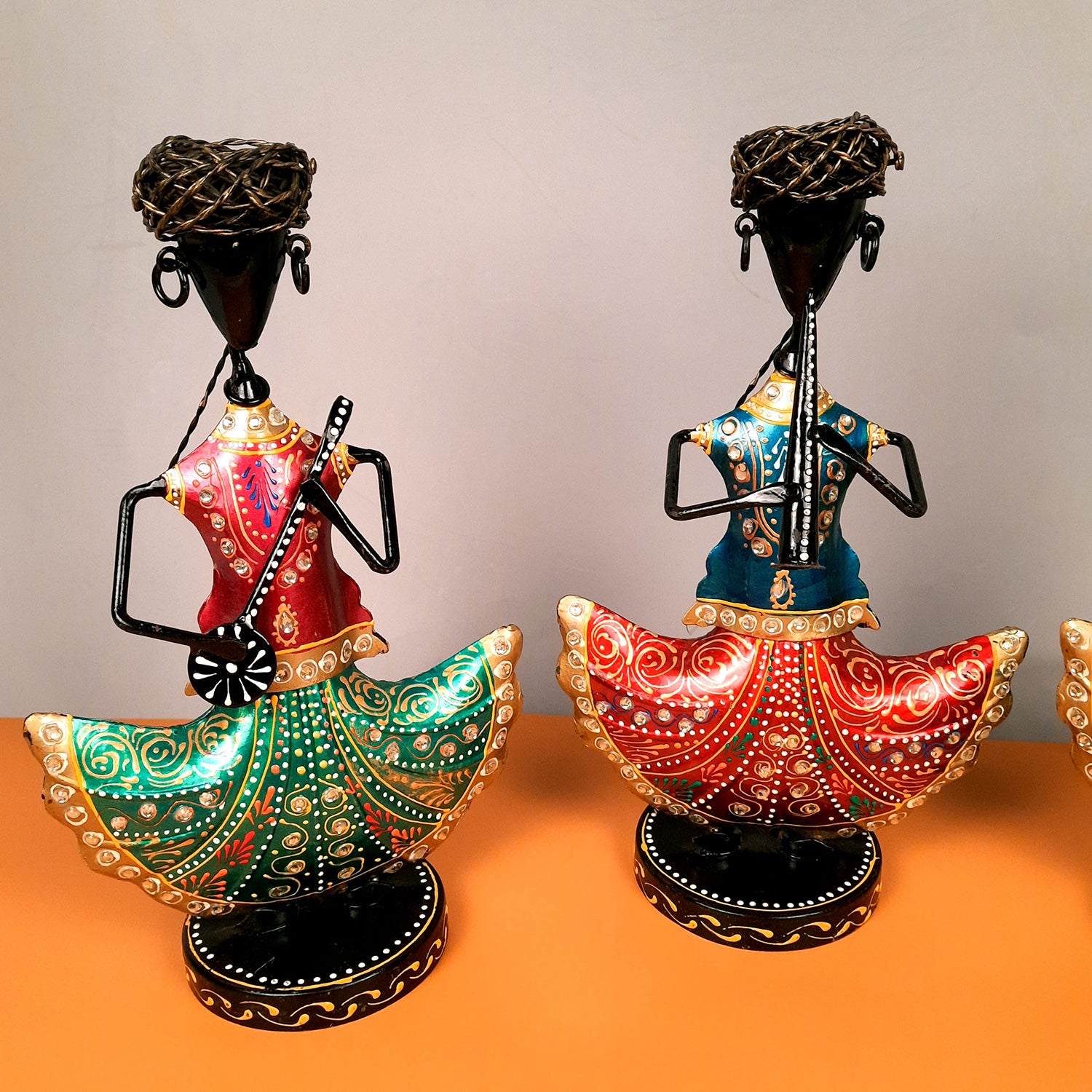 Showpiece Musician Set With Kundan Work | Decorative Figurine Playing Musical Instrument - For Home, Table, Living Room & TV Unit | Showpieces For Gifts - 12 Inch (Set of 3) - Apkamart