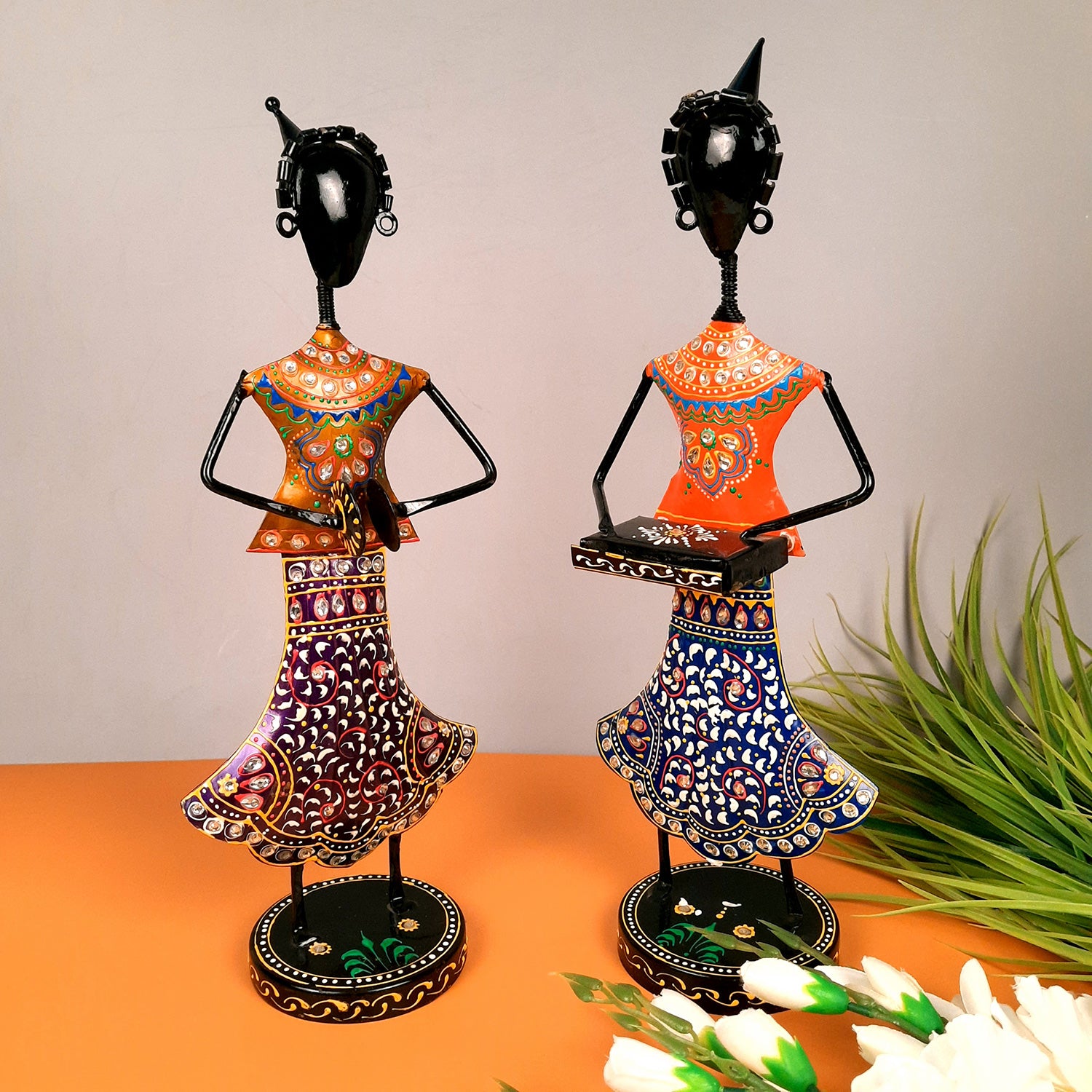 Showpiece Musician Girls Playing Musical Instruments | Decorative Figurines - For Home, Table, Living Room, TV Unit & Gifts - 16 Inch (Set of 2) - Apkamart