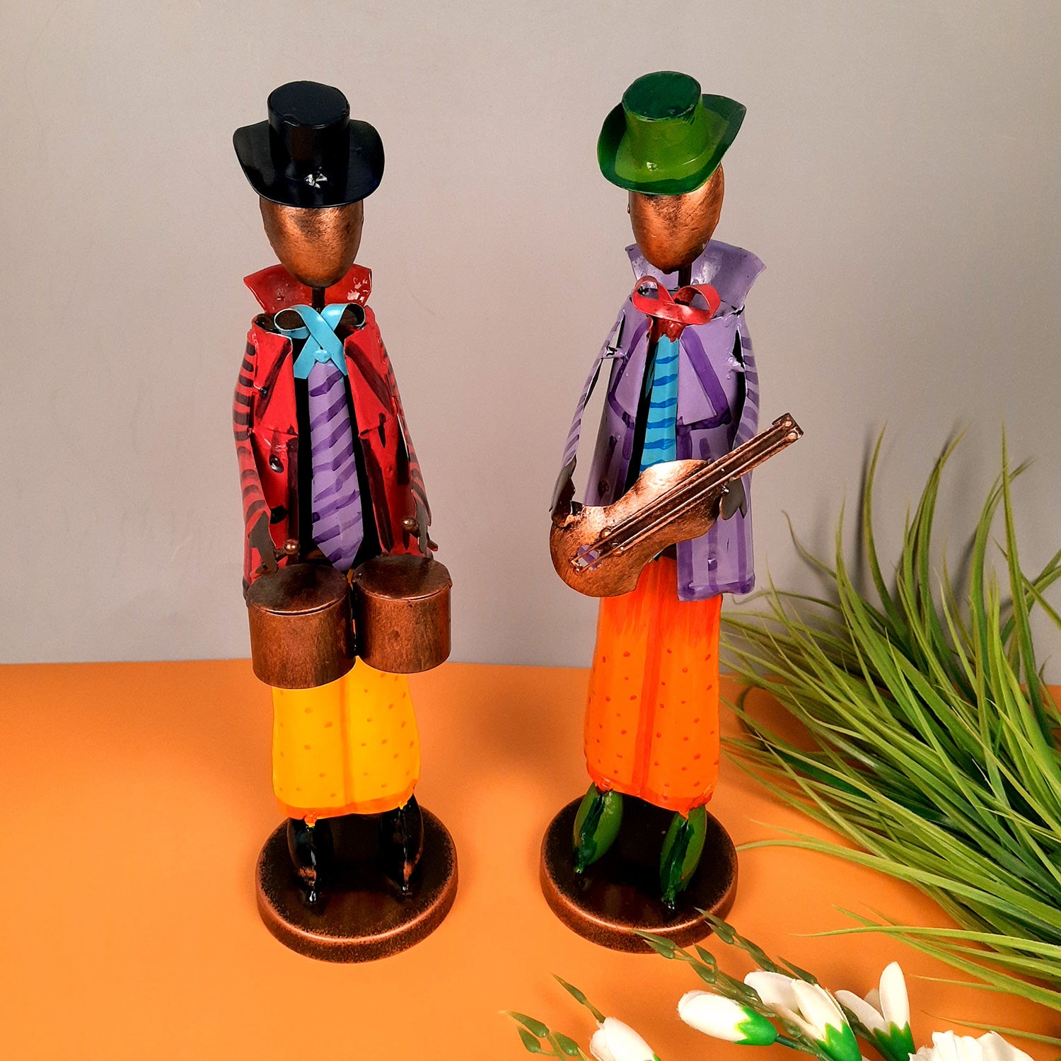 Showpiece Set - Retro Theme Musician Playing Musical Instruments | Decorative Big Figurines - For Home, Table, Living Room & TV Unit Decor & Gifts - 16 Inch (Set of 2) - Apkamart